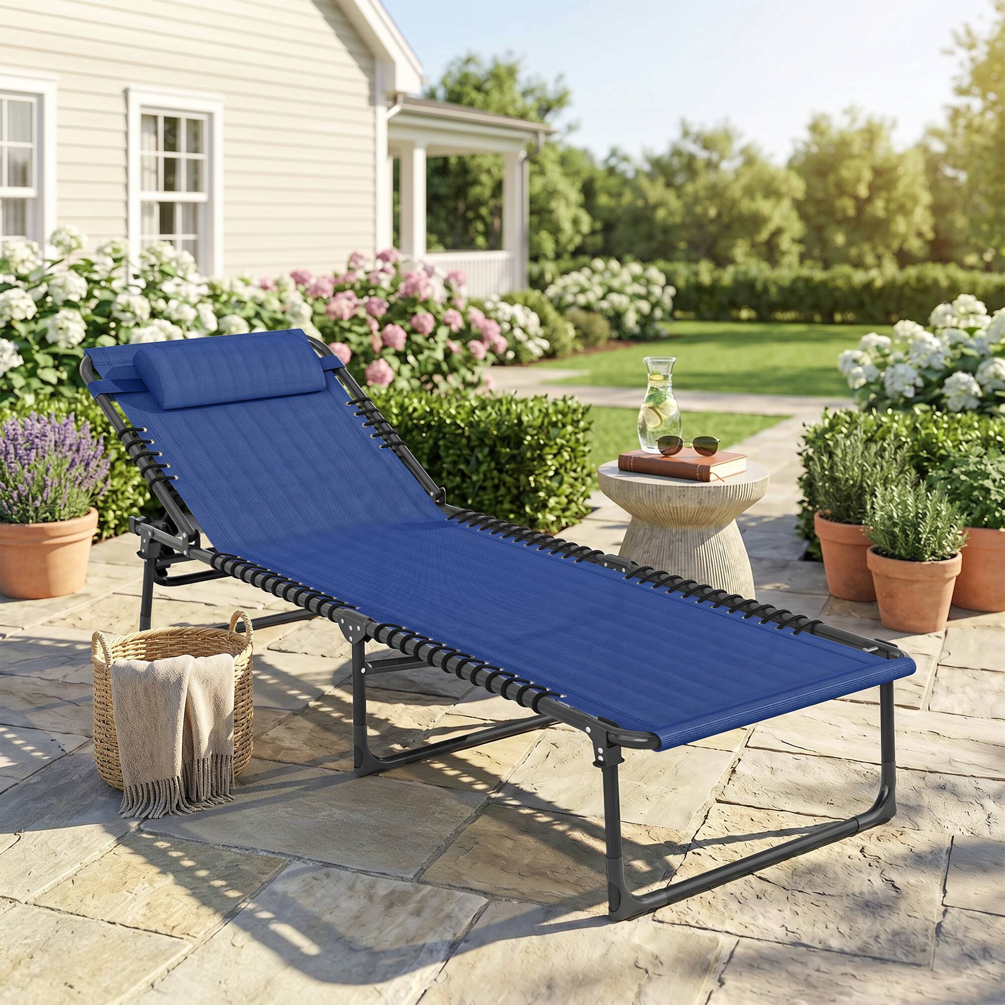Alt View 1. Outsunny - Chaise Lounge Pool Chair with 4-Position Reclining Back, Pillow, Breathable Mesh & Bungee Seat - Dark blue.