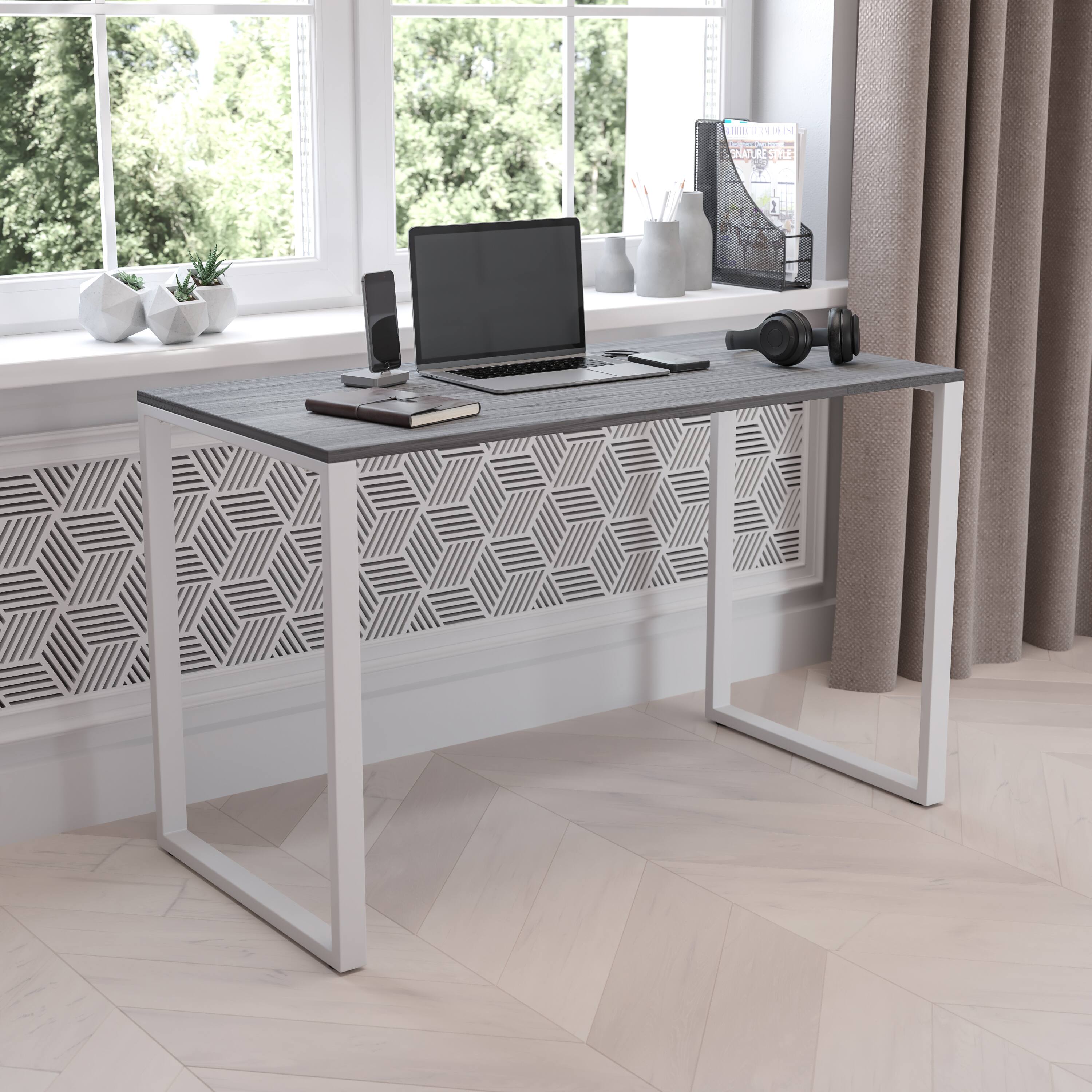 Alt View 1. Emma + Oliver - Industrial Modern Desk-47"L Commercial Grade Home Office Desk - Rustic Gray Top/White Frame.