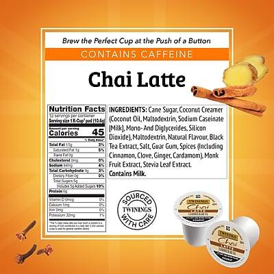 **Brew the Perfect Cup at the Push of a Button**

**CONTAINS CAFFEINE**

**Chai Latte**

**Nutrition Facts**

- Serving size: 1 K-Cup pod (10.6g)
- Servings per container: 12

**Calories 45**

**Total Fat 1.5g 2%**
- Saturated Fat 1g 5%
- Trans Fat 0g

**Cholesterol 0mg 0%**

**Sodium 64mg 3%**

**Total Carbohydrate 9g 3%**
- Dietary Fiber 0g 0%
- Total Sugars 5g
  - Includes 5g Added Sugars 10%

**Protein 0g**

**Vitamin D 0mcg 0%**
- Calcium 1mg 0%
- Iron 0mg 0%
- Potassium 30mg 1%

**INGREDIENTS:**
- Cane Sugar
- Coconut Creamer (Coconut Oil, Maltodextrin, Sodium Caseinate [Milk], Mono-And Diglycerides, Silicon Dioxide)
- Maltodextrin
- Natural Flavor