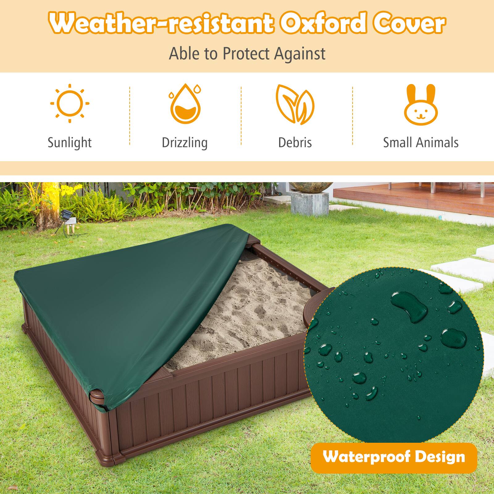 Weather-resistant Oxford Cover  
Able to Protect Against  
Sunlight  
Drizzling  
Debris  
Small Animals  
Waterproof Design