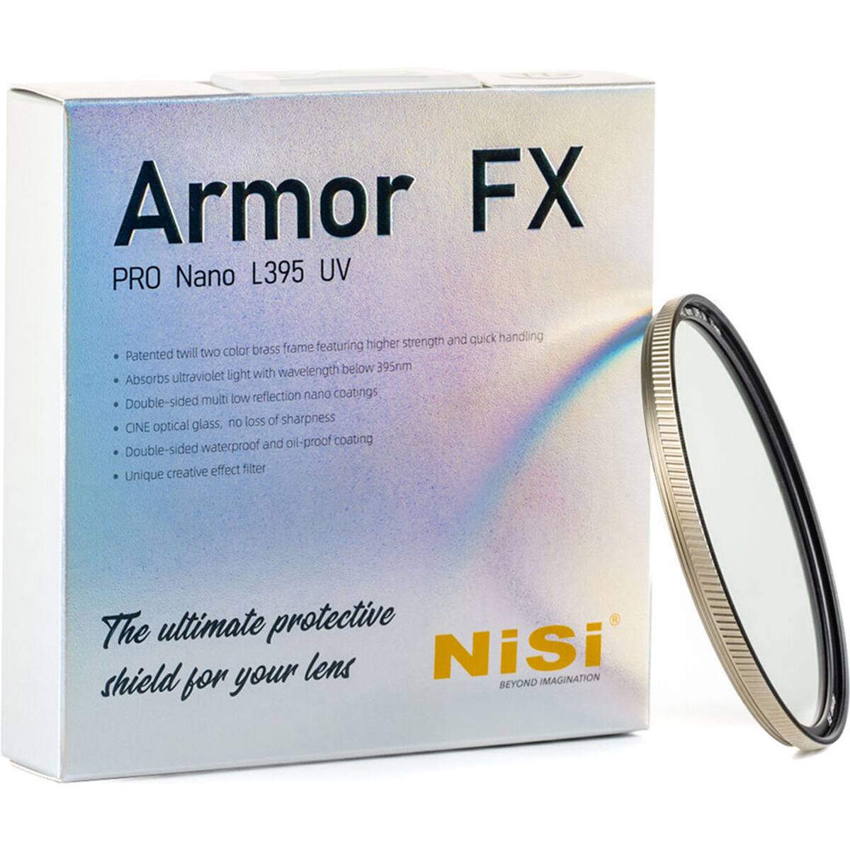Armor FX PRO Nano L395 UV

- Patented twill two color brass frame featuring higher strength and quick handling
- Absorbs ultraviolet light with wavelength below 395nm
- Double-sided multi low reflection nano coatings
- CINE optical glass, no loss of sharpness
- Double-sided waterproof and oil-proof coating
- Unique creative effect filter

The ultimate protective shield for your lens

Nisi BEYOND IMAGINATION