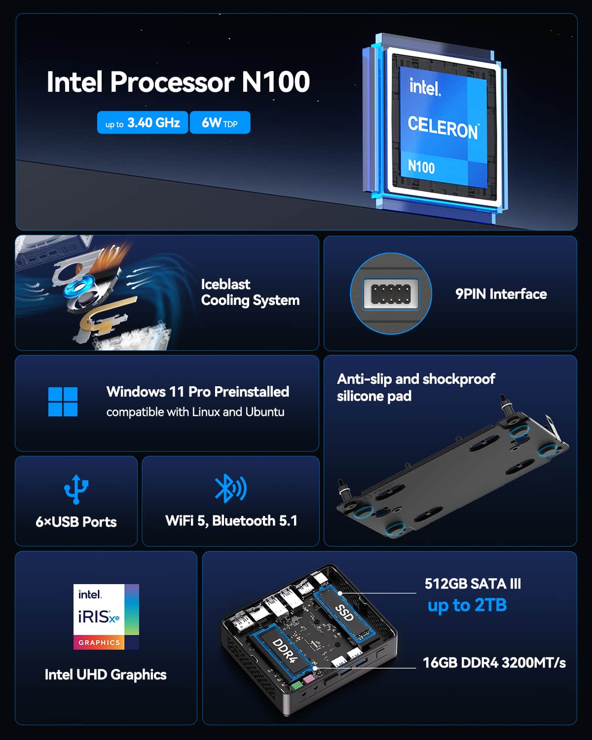 Intel Processor N100
up to 3.40 GHz
6W TDP
Iceblast Cooling System
9PIN Interface
Windows 11 Pro Preinstalled
compatible with Linux and Ubuntu
Anti-slip and shockproof silicone pad
6xUSB Ports
WiFi 5, Bluetooth 5.1
Intel iRISx GRAPHICS
Intel UHD Graphics
512GB SATA III
up to 2TB
16GB DDR4 3200MT/s