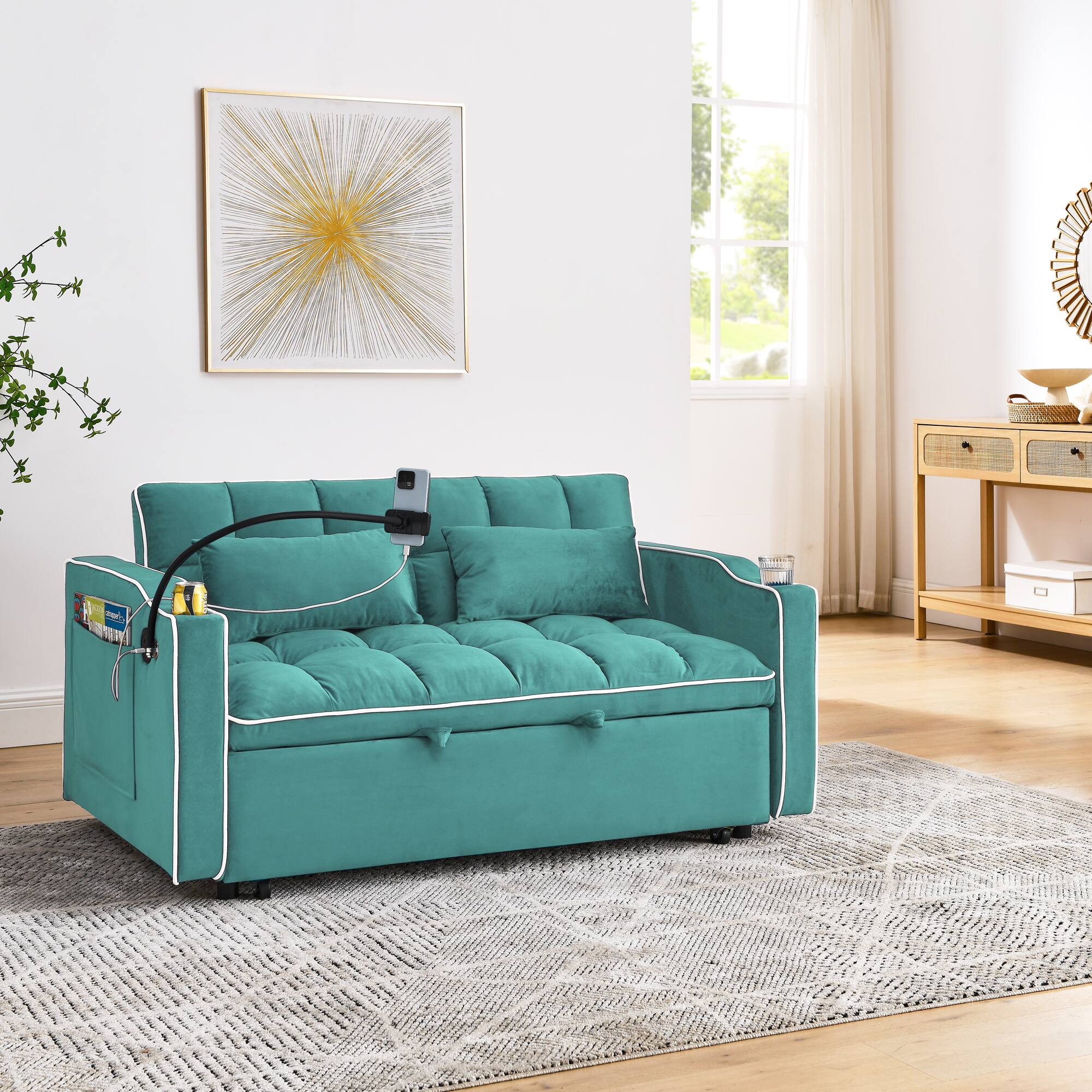 Alt View 2. Tiramisubest - Modern Velvet Versatile Foldable Sofa Bed in 3 Lengths,Adjustable Back w/ USB Port,Ashtray & Swivel Phone Stand (Green) - Antique blue green.