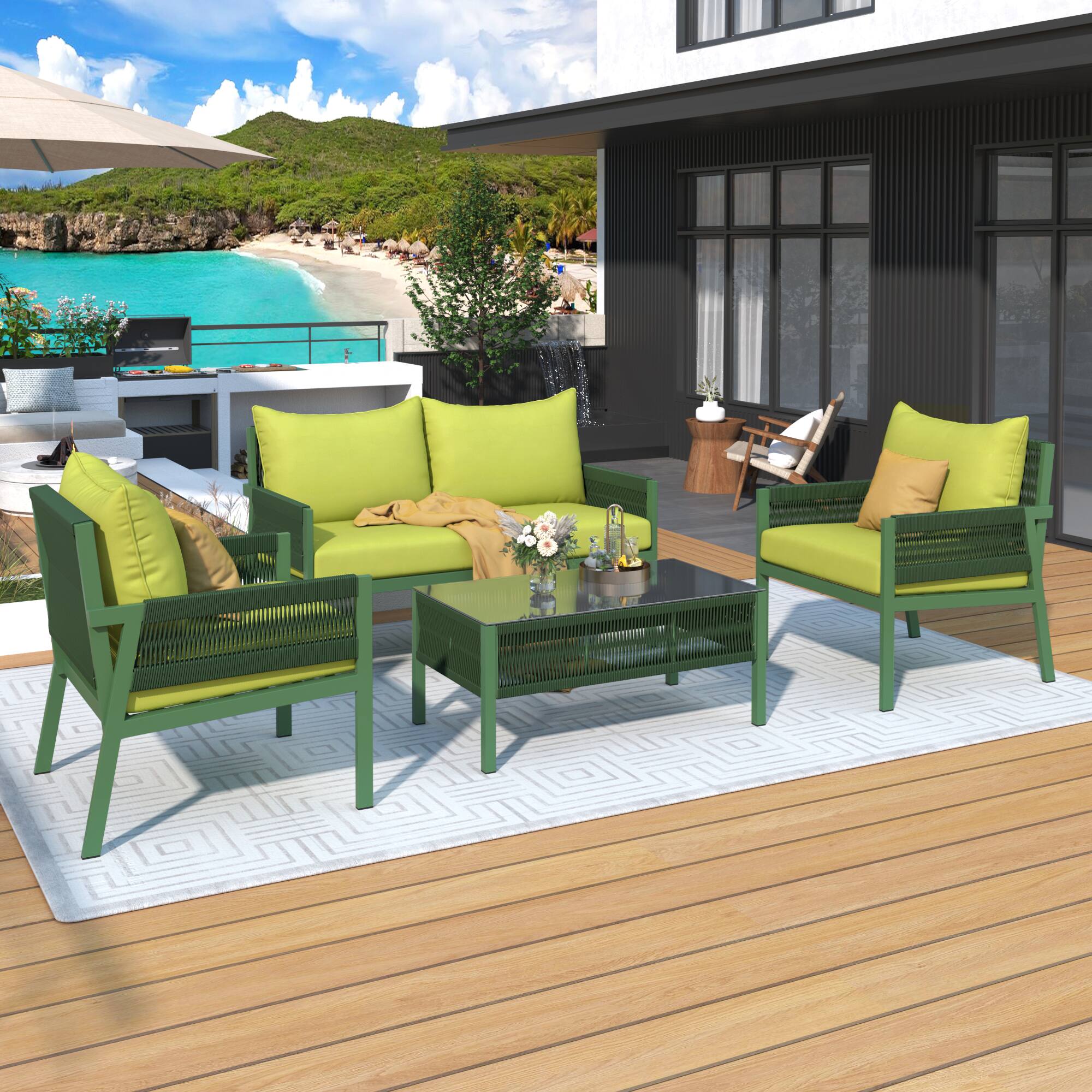 Back. Siljoy - 4-Piece Rope Patio Set, Tempered Glass Table, Deep Seating Thick Cushions, Outdoor Furniture for Backyard Porch Balcony - Green.