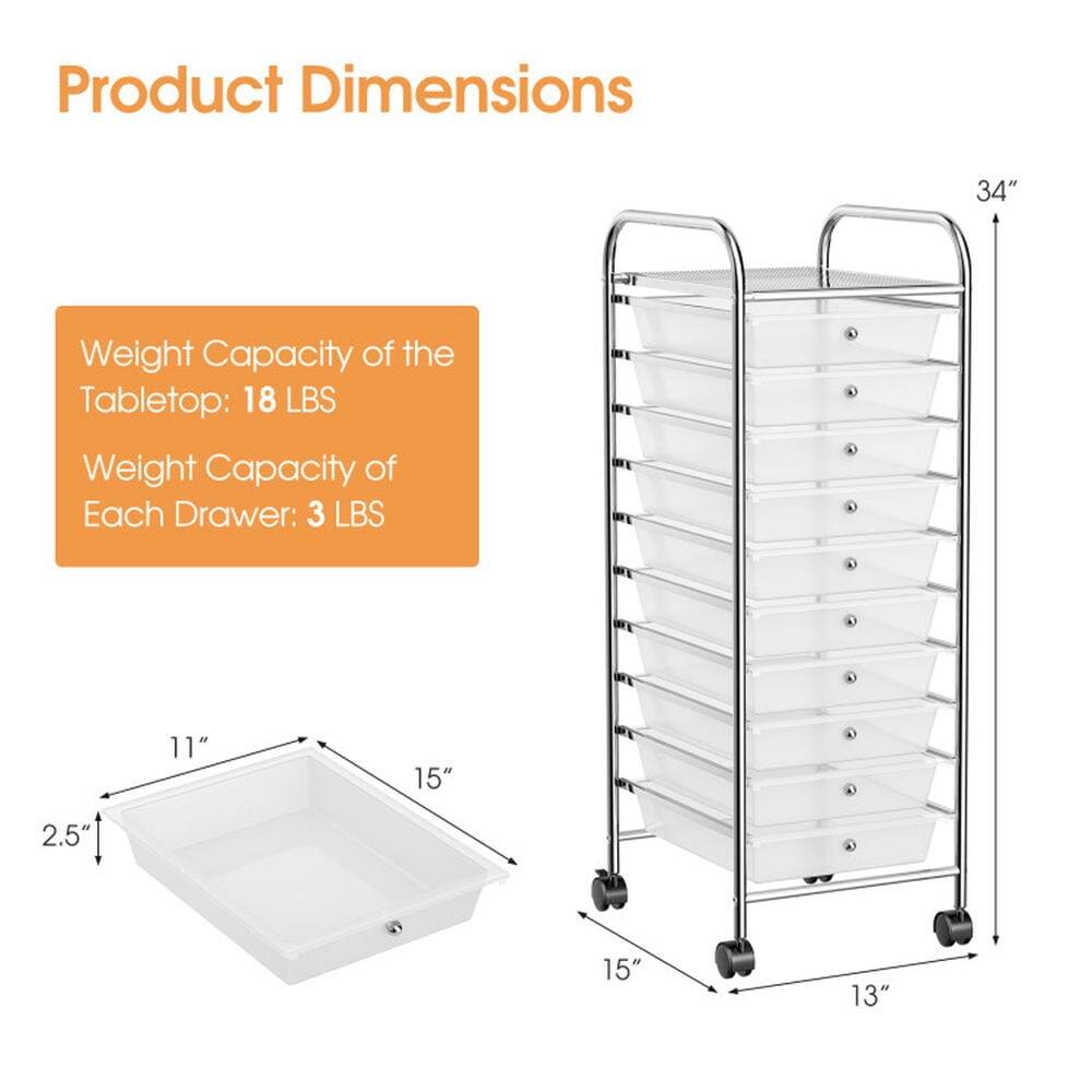 Product Dimensions  
Weight Capacity of the Tabletop: 18 LBS  
Weight Capacity of Each Drawer: 3 LBS  

34"  
11" x 15" x 2.5"  
15" x 13"