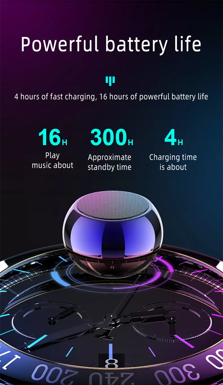 Powerful battery life

4 hours of fast charging, 16 hours of powerful battery life

16H Play music about  
300H Approximate standby time  
4H Charging time is about