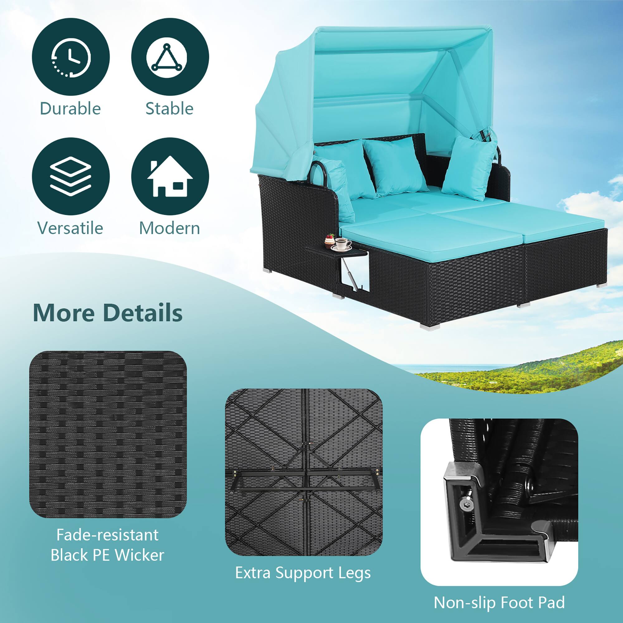 - Durable
- Stable
- Versatile
- Modern

More Details

- Fade-resistant Black PE Wicker
- Extra Support Legs
- Non-slip Foot Pad