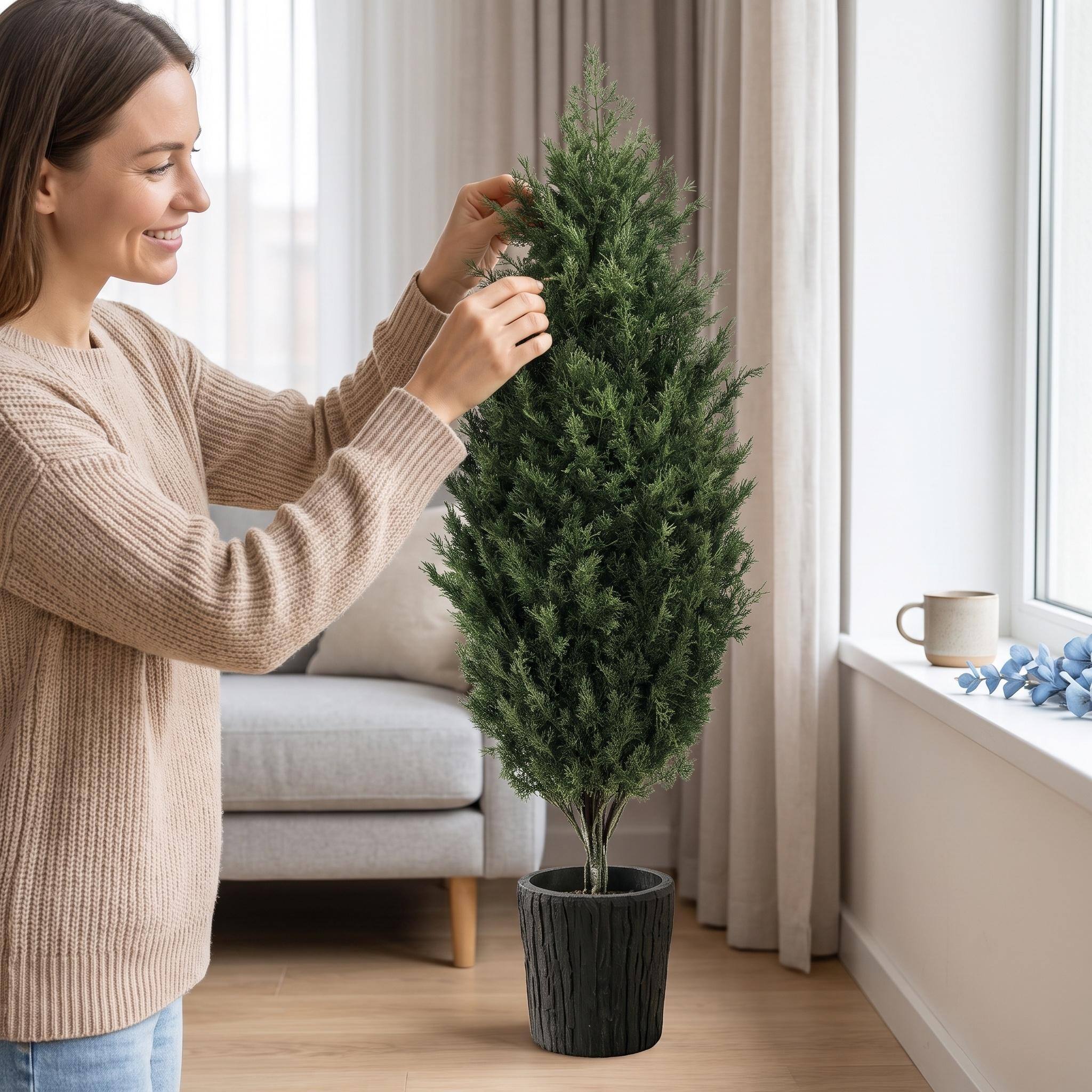 Alt View 3. Forest'nSky - 2-Pack 4 ft. Artificial Cedar Christmas Trees, UV Resistant, Potted Faux Evergreens with 291 PE Branch Tips - Green.