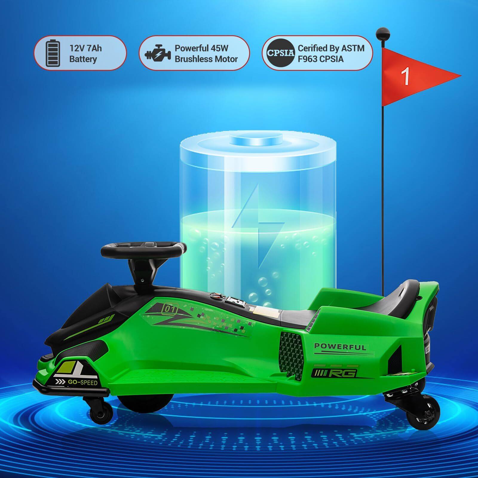 12V 7Ah Battery  
Powerful 45W Brushless Motor  
Certified By ASTM F963 CPSIA  
GO-SPEED III RG