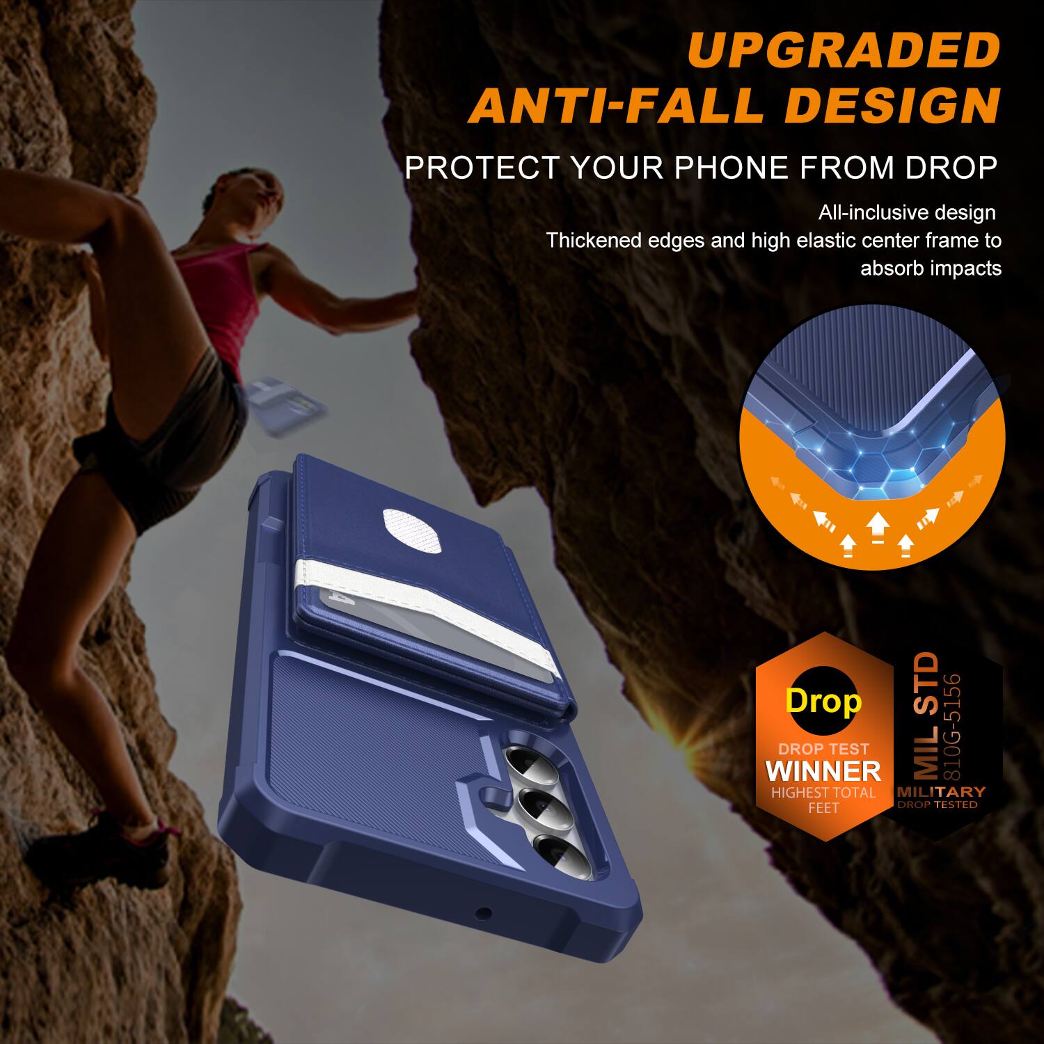 UPGRADED ANTI-FALL DESIGN  
PROTECT YOUR PHONE FROM DROP  

All-inclusive design  
Thickened edges and high elastic center frame to absorb impacts  

Drop TEST WINNER  
MIL 810G-5166  
HIGHEST TOTAL MILITARY FEET DROP TESTED