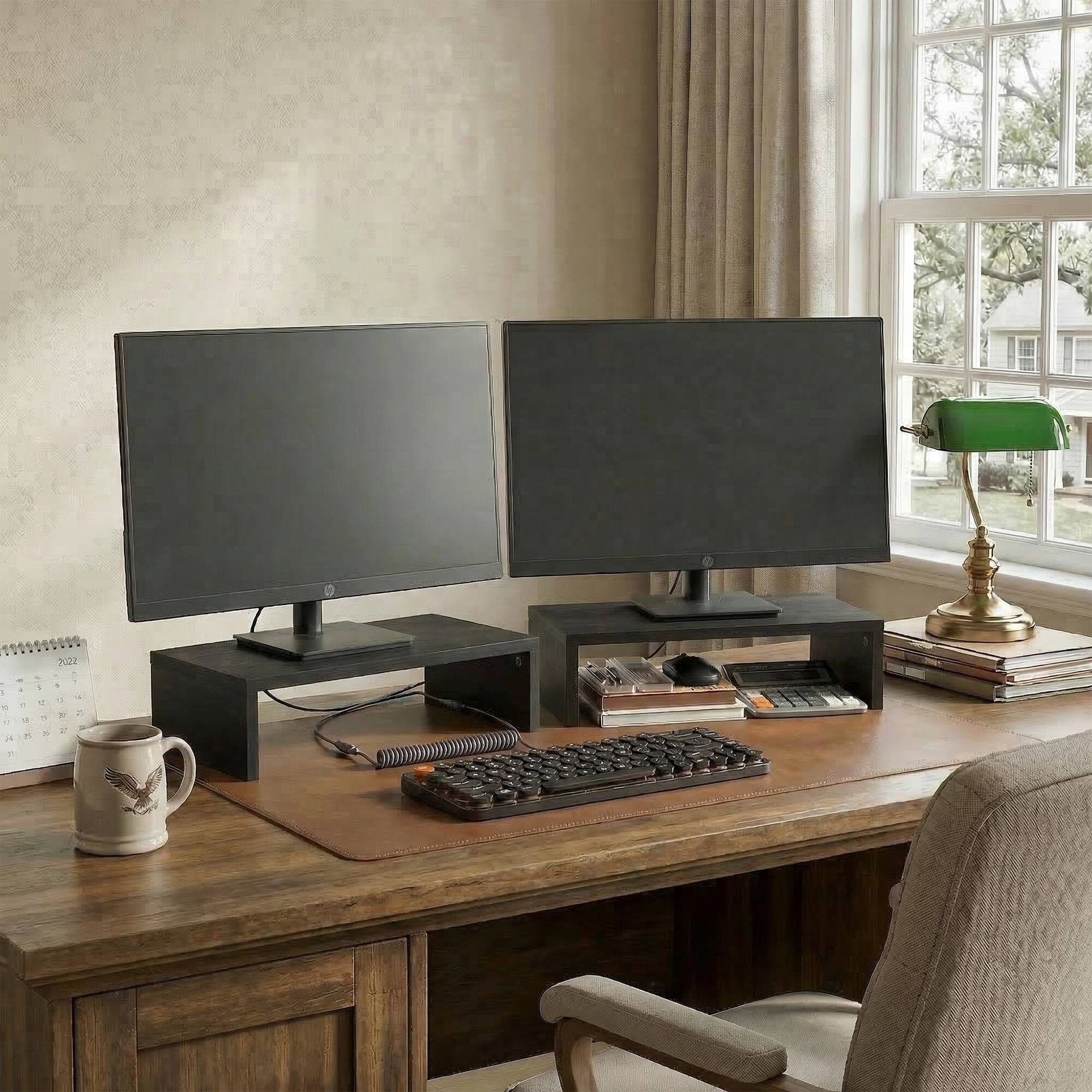 Alt View 2. Furinno - CLASSIC Set of 2 Monitor Stand Riser, Dual Monitor Riser, Stackable Separable Laptop Stand for Desk, for Office Supplier - Espresso.