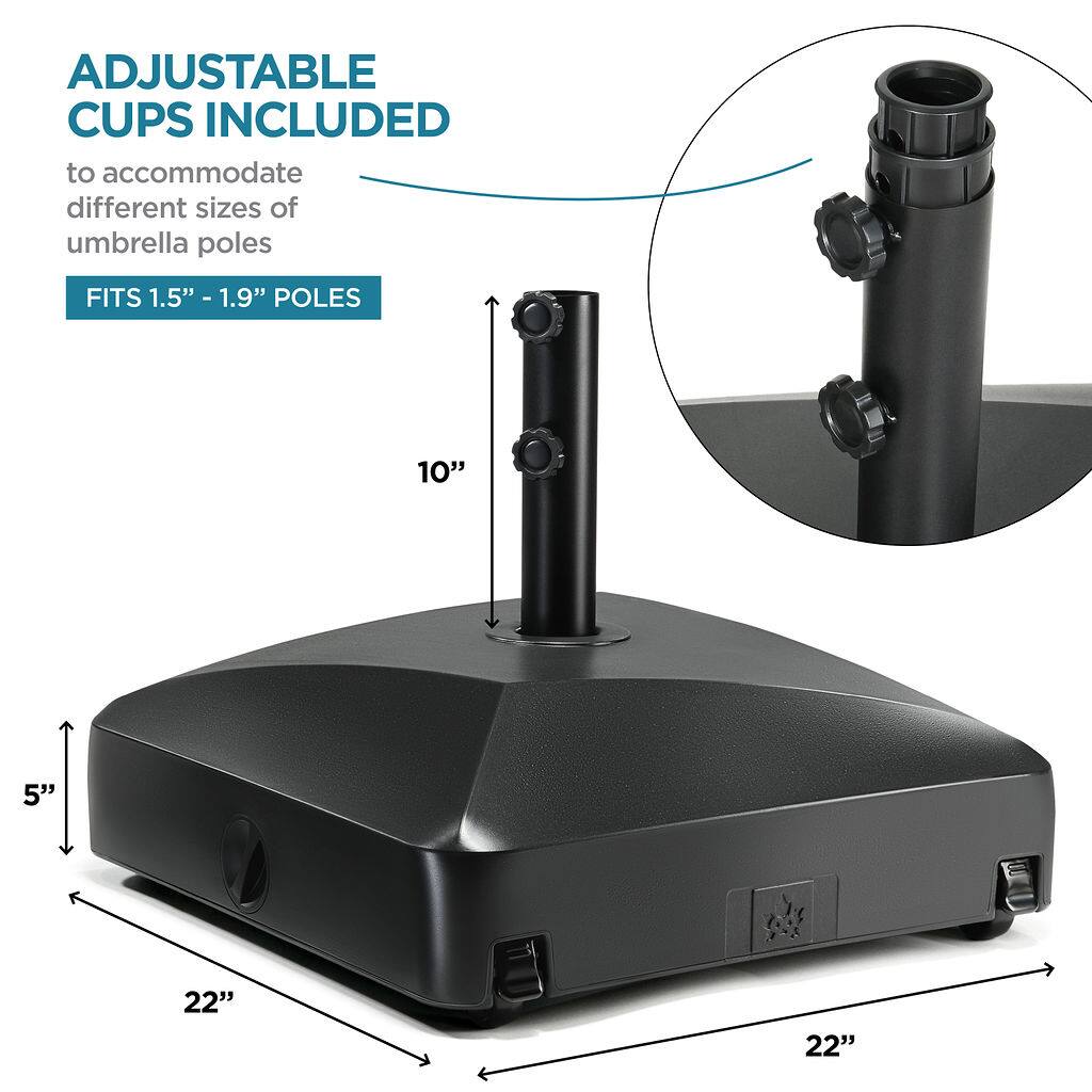 ADJUSTABLE CUPS INCLUDED  
to accommodate different sizes of umbrella poles  

FITS 1.5" - 1.9" POLES  

10"  
5"  
22"  
22"