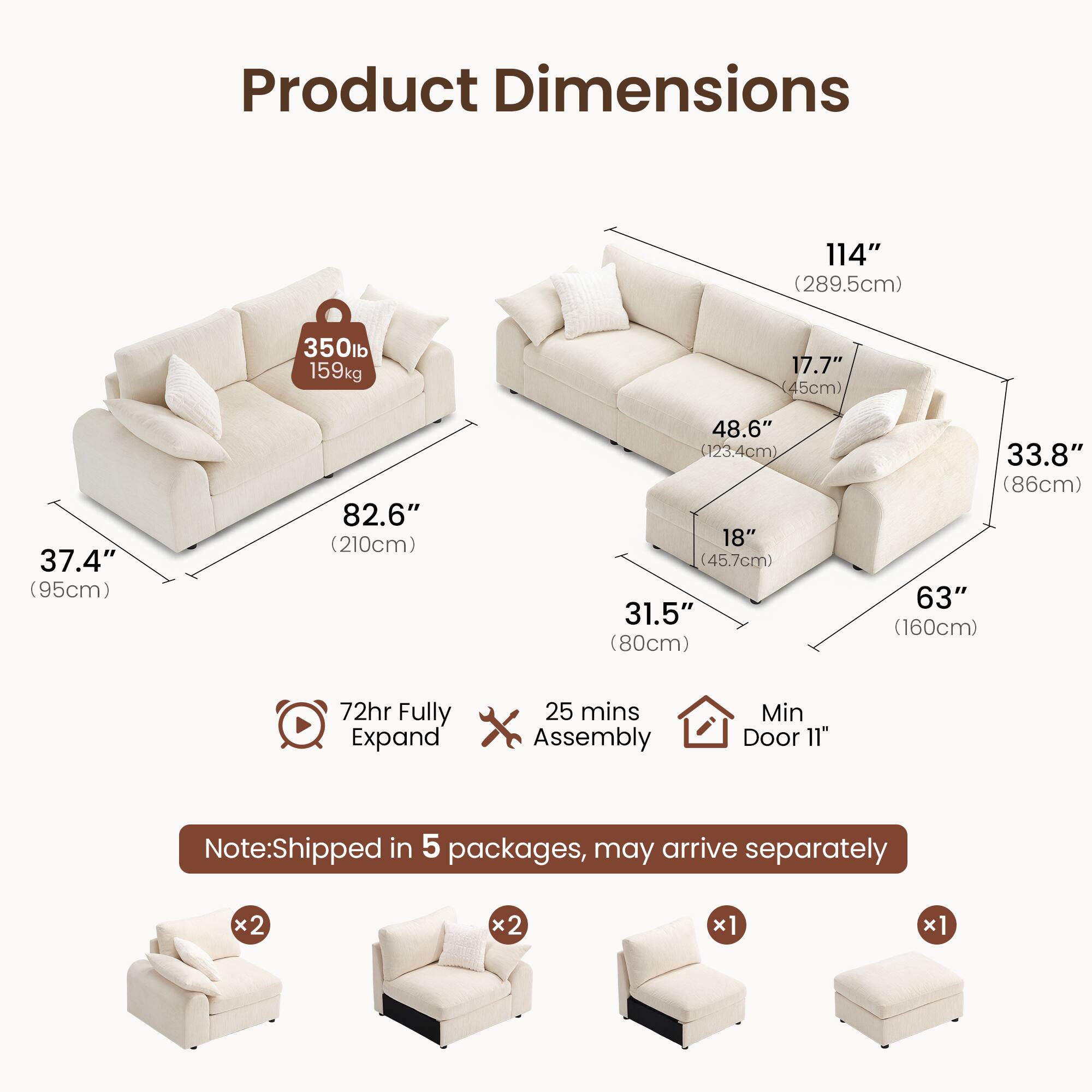 Product Dimensions:  
- 114" (289.5cm)  
- 350lb (159kg)  
- 17.7" (45cm)  
- 37.4" (95cm)  
- 82.6" (210cm)  
- 48.6" (123.4cm)  
- 18" (45.7cm)  
- 31.5" (80cm)  
- 33.8" (86cm)  
- 63" (160cm)  

72hr Fully Expand  
25 mins Assembly  
Min Door 11"  

Note: Shipped in 5 packages, may arrive separately  
x2 x2 x1 x1