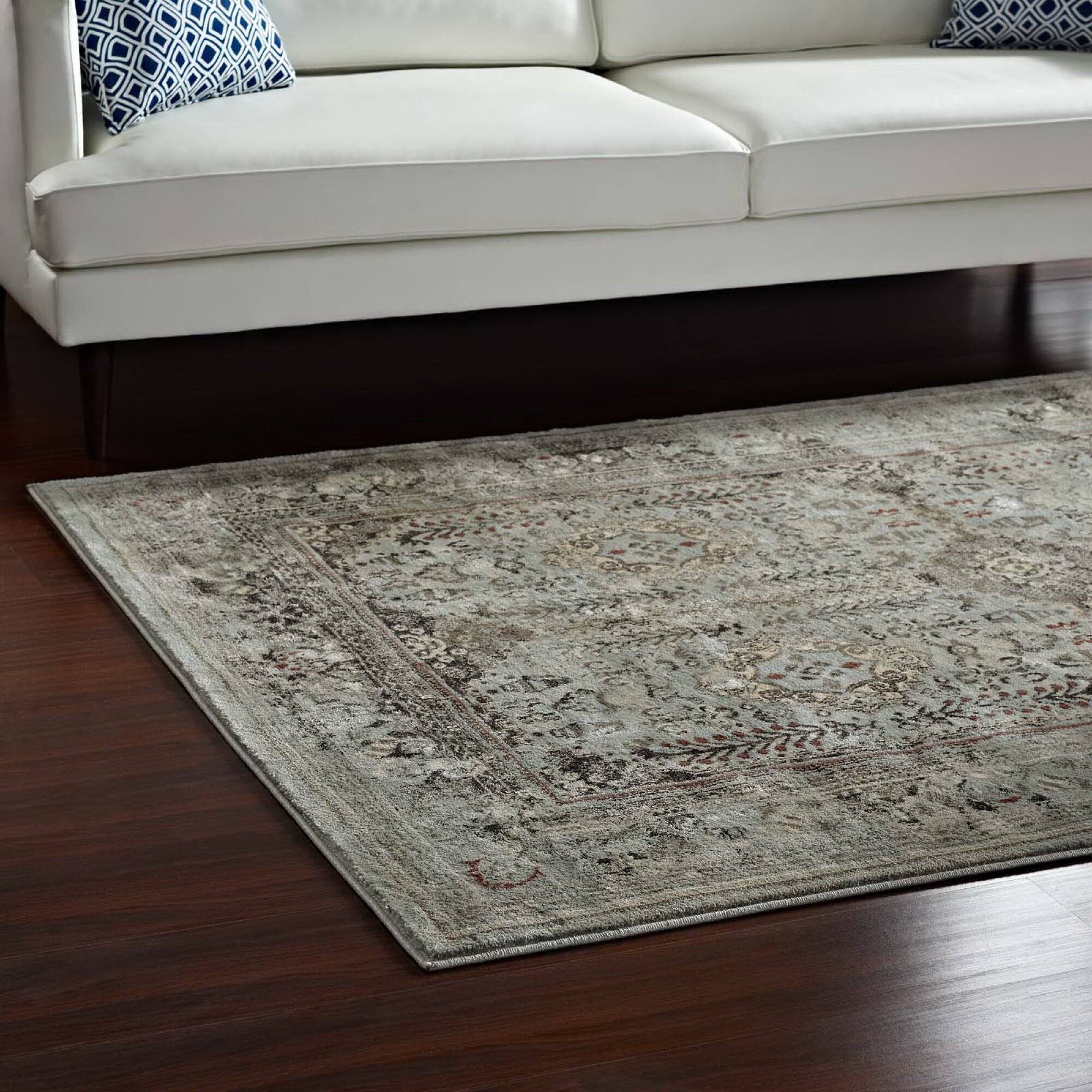 Back. Modway - Enye Distressed Vintage Floral Lattice Area Rug - Brown and Silver Blue.