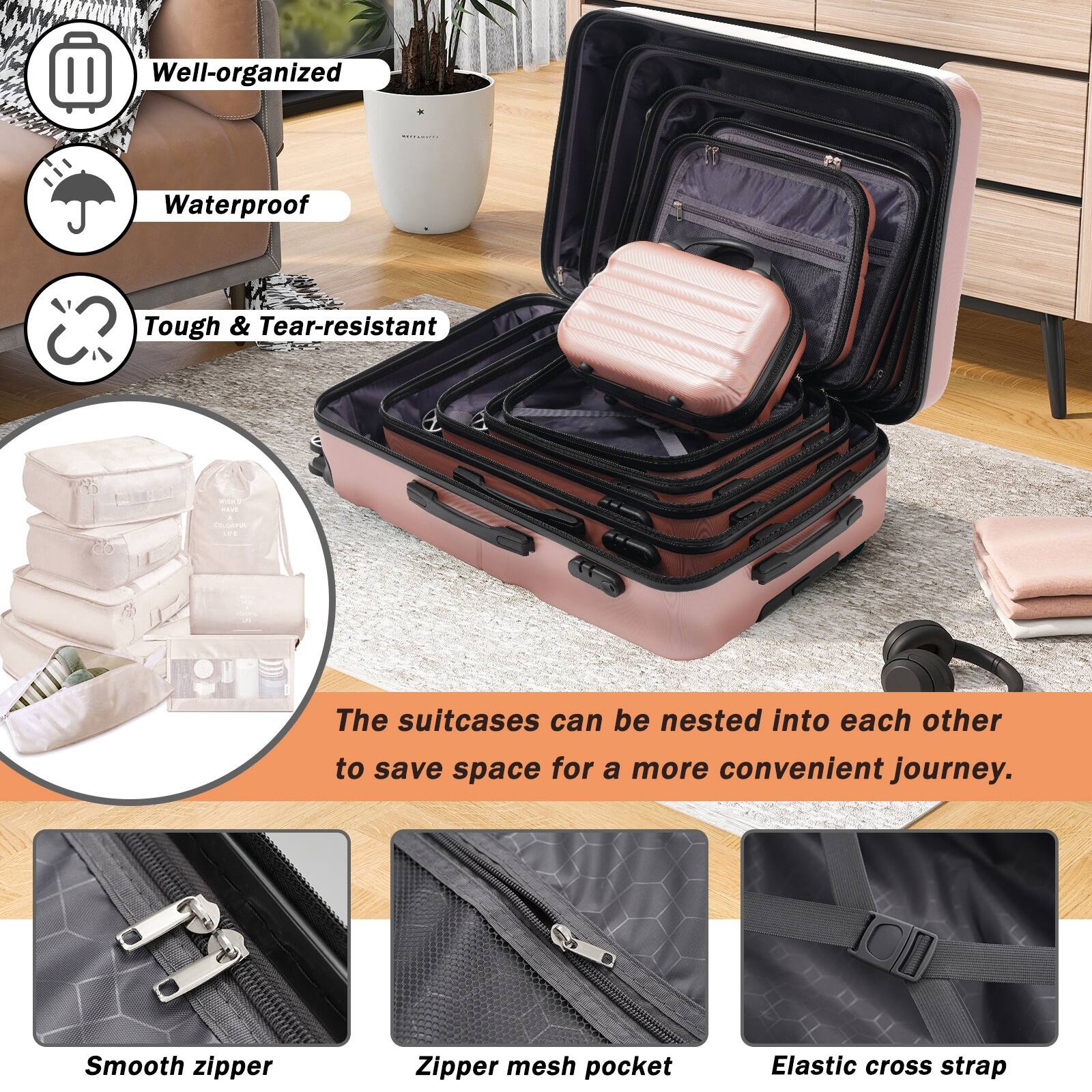 - Well-organized
- Waterproof
- Tough & Tear-resistant

The suitcases can be nested into each other to save space for a more convenient journey.

- Smooth zipper
- Zipper mesh pocket
- Elastic cross strap