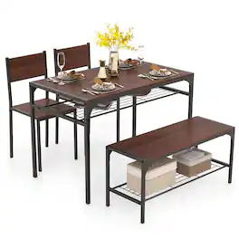 Costway - Dining Table Set for 4 Rectangular Table with 2 Chairs, 1 Bench, Storage Racks - Brown