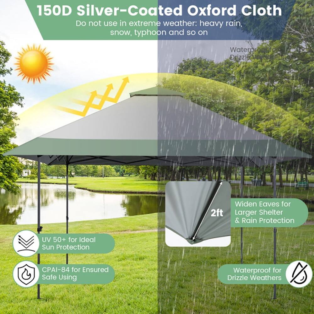 150D Silver-Coated Oxford Cloth  
Do not use in extreme weather: heavy rain, snow, typhoon and so on  

- UV 50+ for Ideal Sun Protection  
- CPAI-84 for Ensured Safe Using  
- Widen Eaves for Larger Shelter & Rain Protection  
- Waterproof for Drizzle Weathers  
- 2ft Eaves