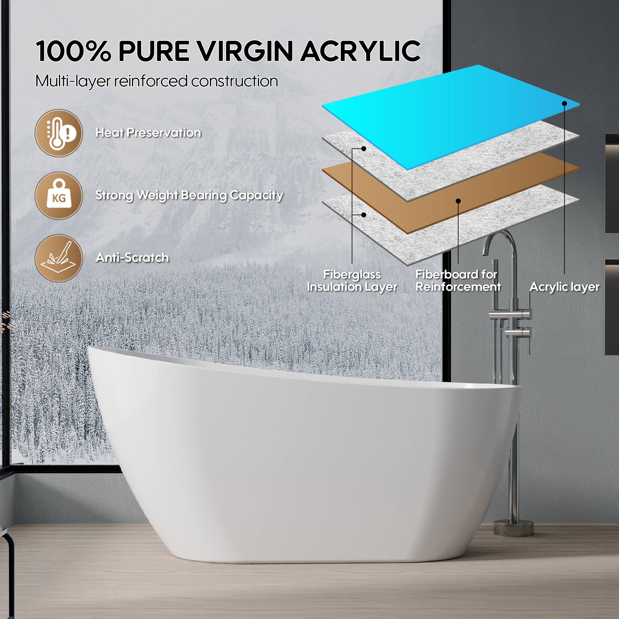 100% PURE VIRGIN ACRYLIC  
Multi-layer reinforced construction  
Heat Preservation  
Strong Weight Bearing Capacity  
Anti-Scratch  
Fiberglass Insulation Layer  
Fiberboard for Reinforcement  
Acrylic layer