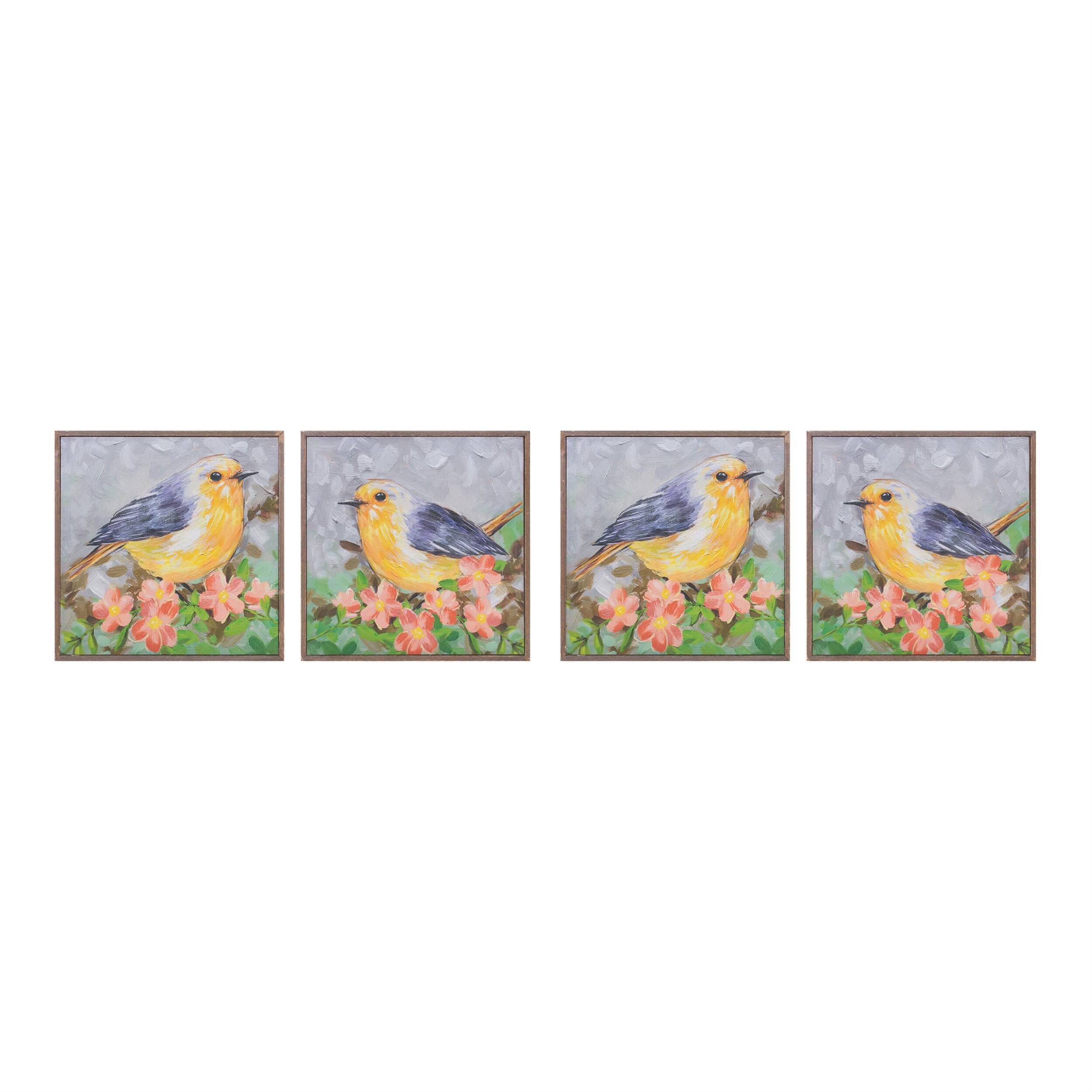 Angle. BreeBe - Framed Bird Canvas Block (Set of 4) - Yellow, Green.
