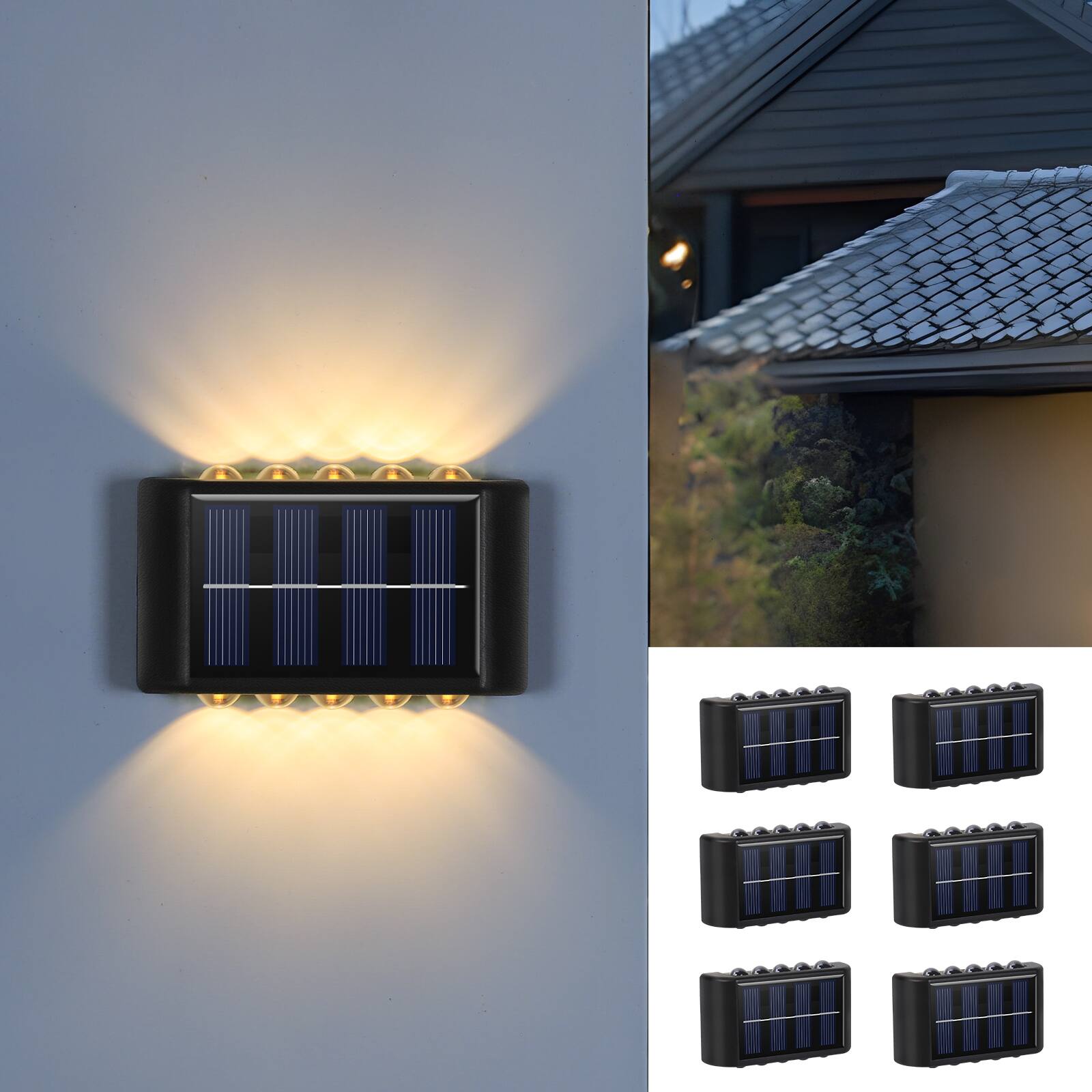 Angle. Oumilen - 6 Pack Solar Up-Down Outdoor Wall Sconce Lights – 10 LED Warm White IP65 Waterproof for Fence Porch.