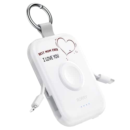 RORRY - CharmGo 5000mAh Portable Charger with Built-in Cables, Keychain Design, Compatible with Apple Watch and iPhone - Mom-White