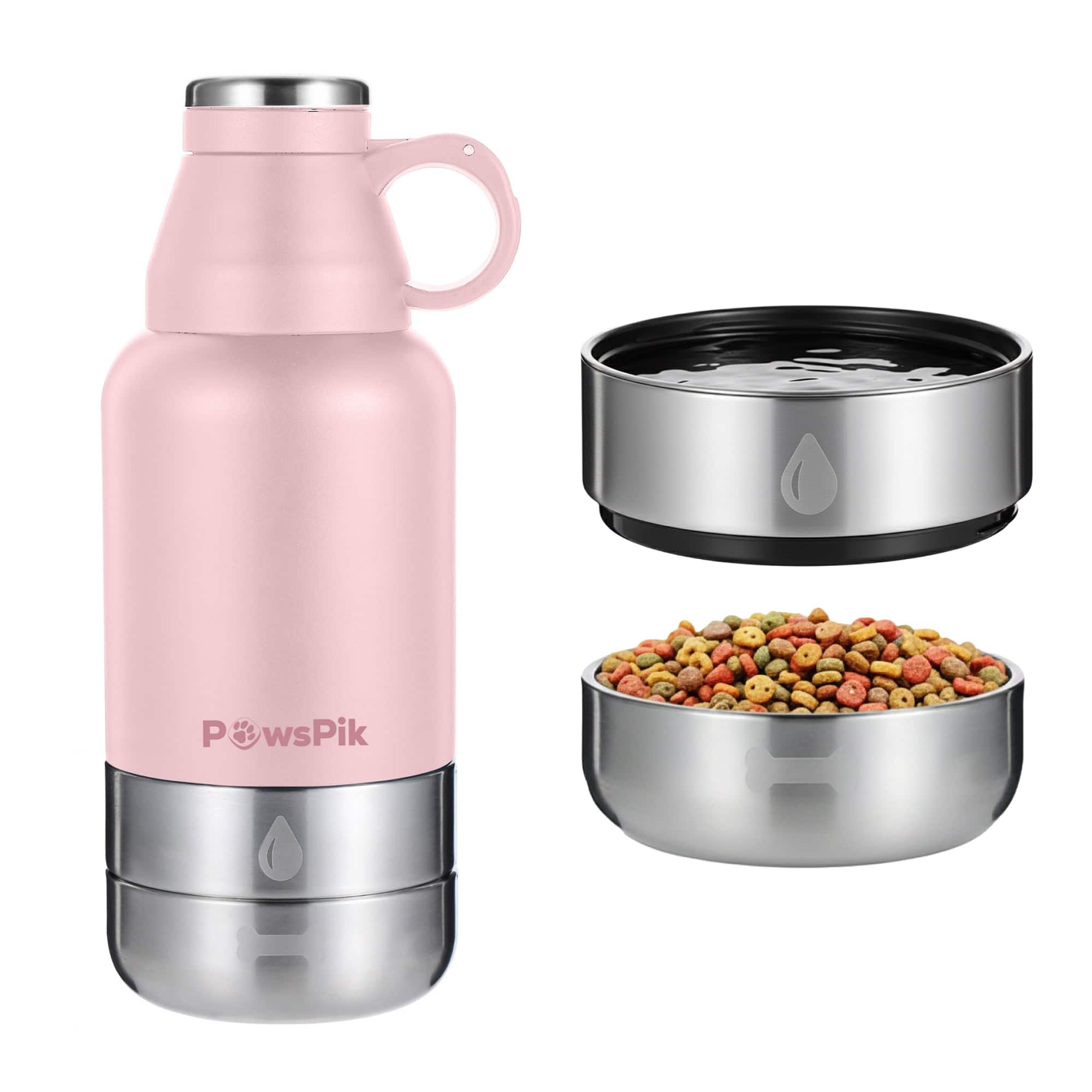 PawsPik - Travel 3-in-1 Dog Water Bottle & Bowl Set - Pink