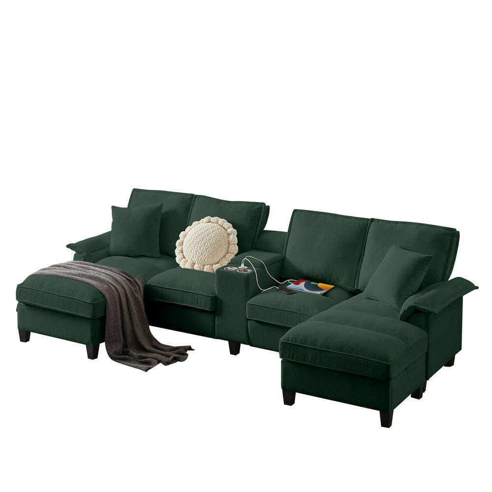 Alt View 8. Kadyn - 120" U-Shaped Sectional Sofa Bed, 4-Seater Corduroy with Storage and Built-In Cup Holders, Green - Green.