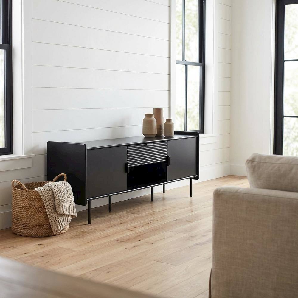 Alt View 1. Starlight Canyon Home - Black modern TV stand with storage drawers and cabinet doors - Blue.