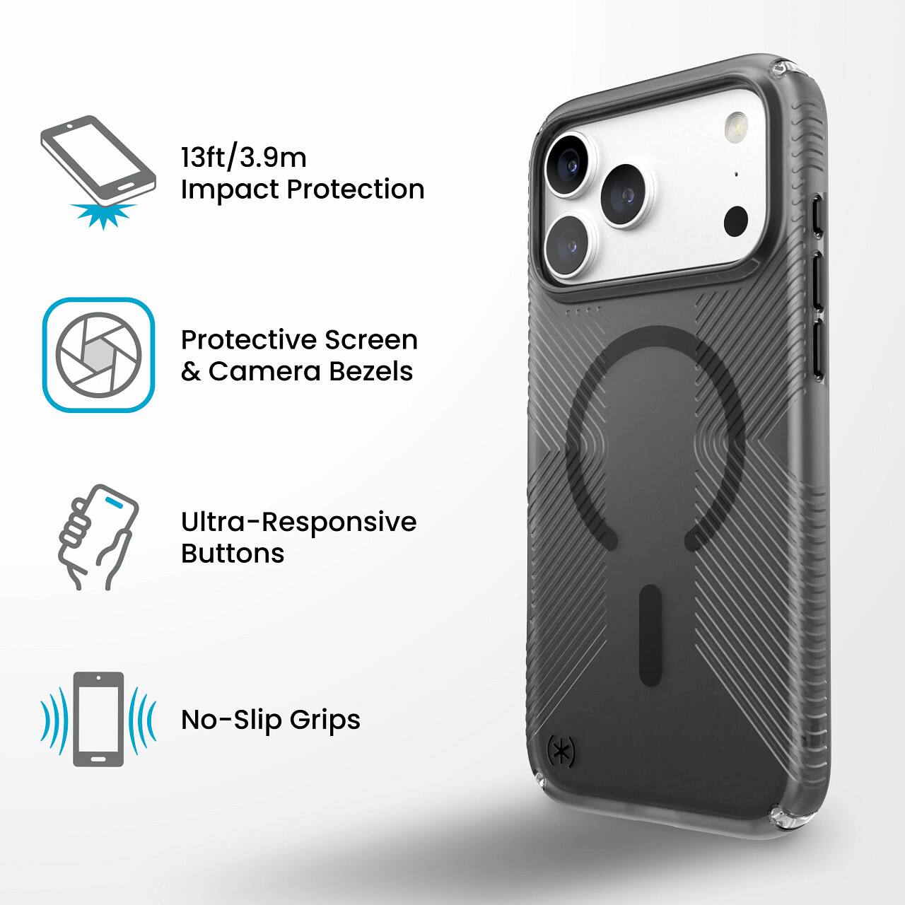 13ft/3.9m Impact Protection  
Protective Screen & Camera Bezels  
Ultra-Responsive Buttons  
No-Slip Grips