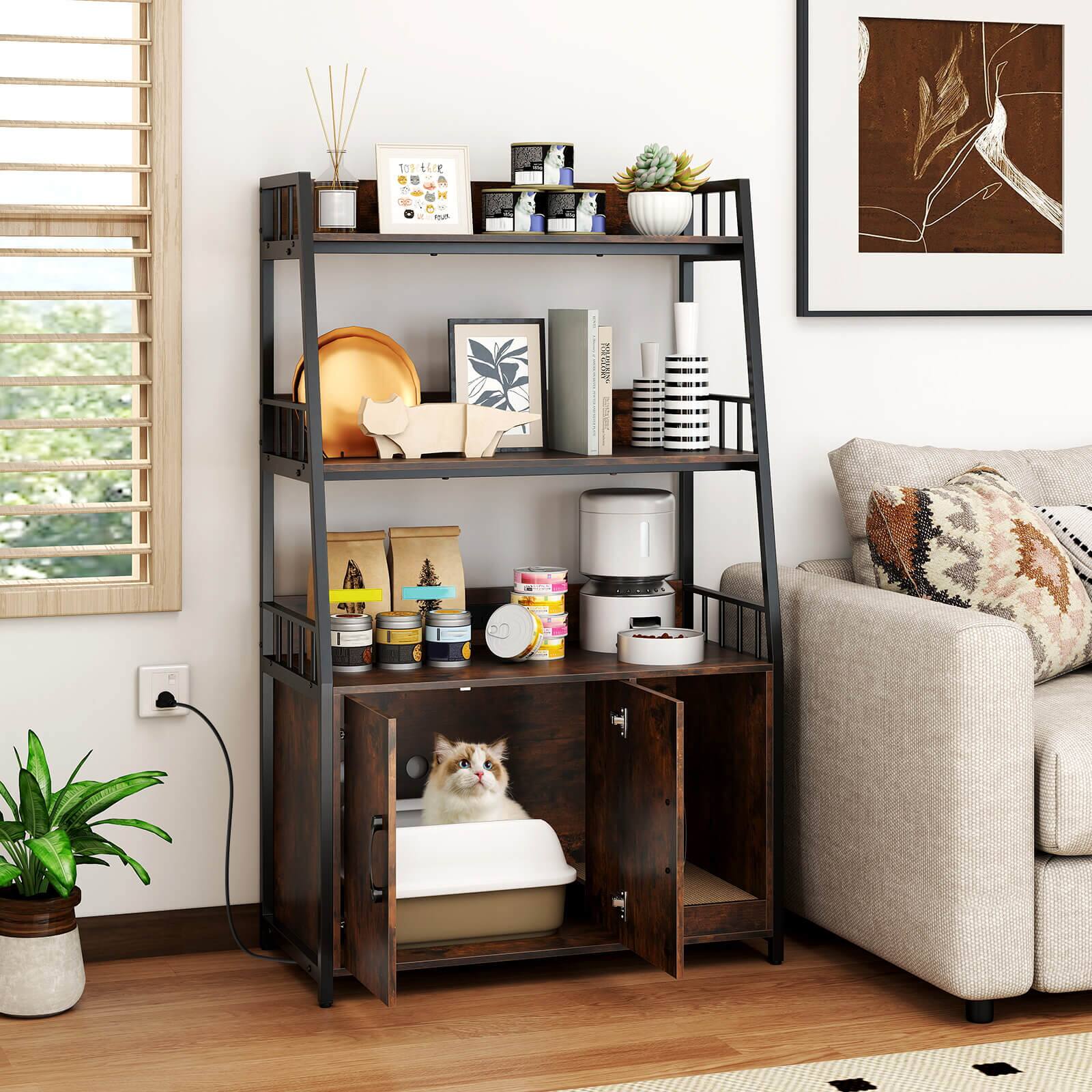 Alt View 1. Costway - Costway Cat Litter Box Enclosure with Storage Shelves Scratching Pad Charging Station - Brown.