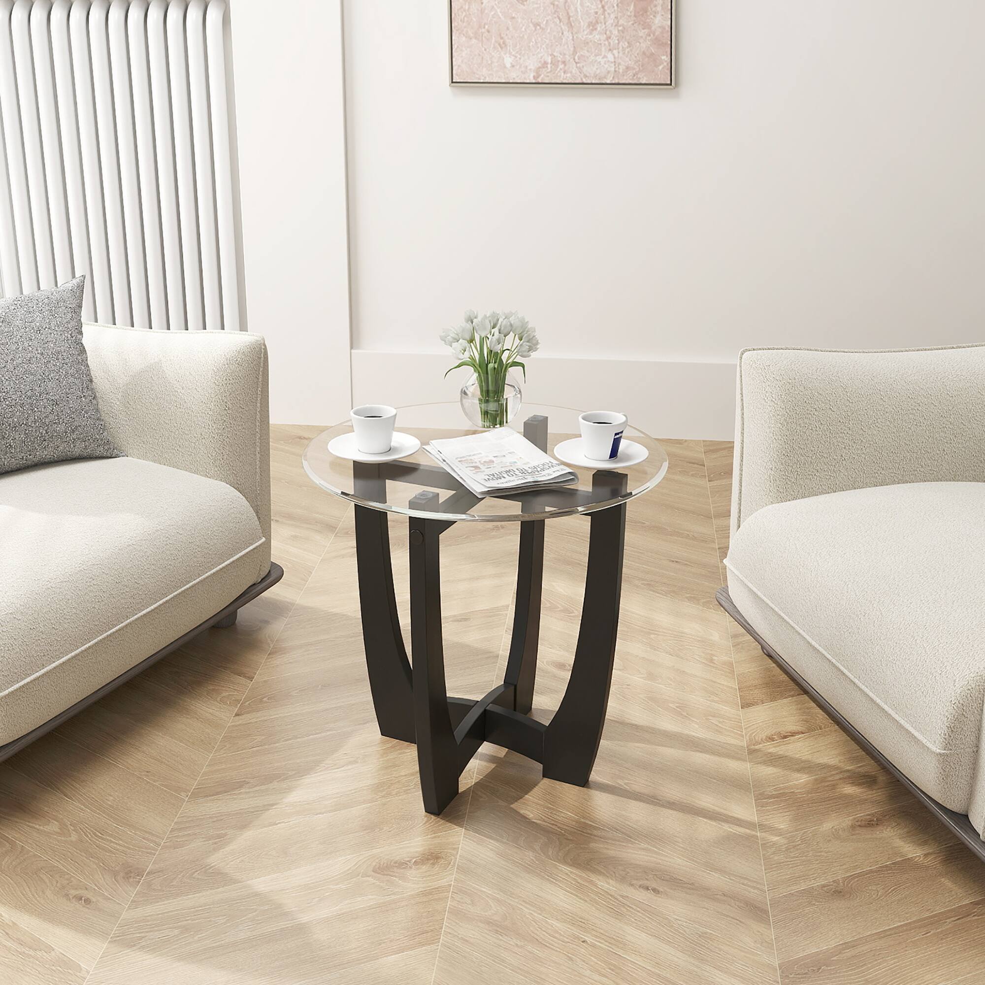 Alt View 3. Gymax - Gymax 23.5'' Round Side Table w/ Glass Tabletop Cross-shaped Solid Rubber Wood Frame - Clear, Black.