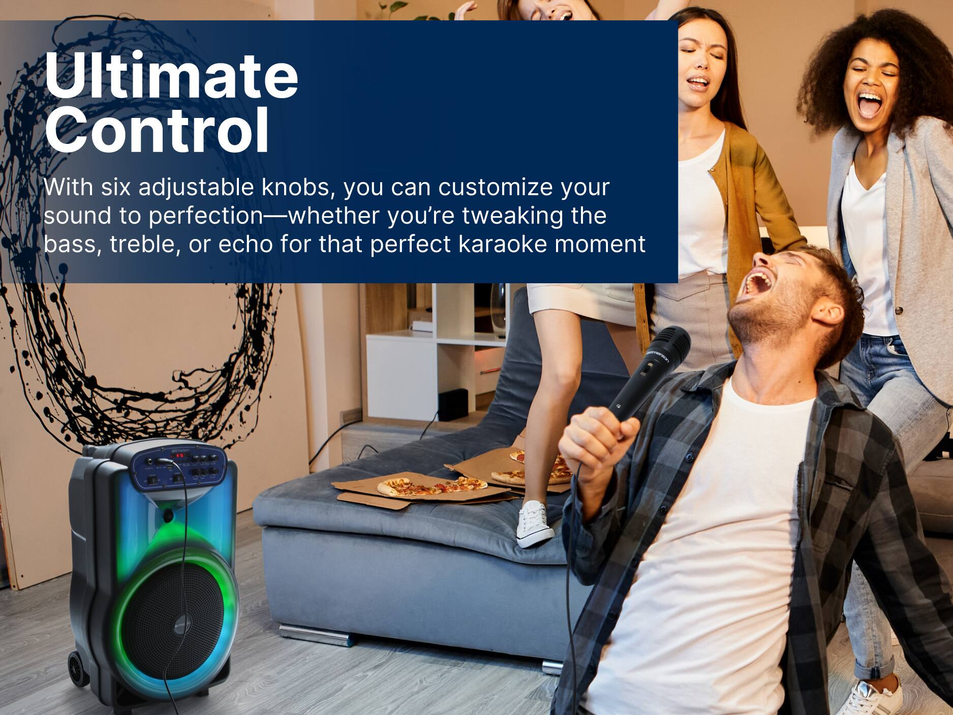 Ultimate Control
With six adjustable knobs, you can customize your sound to perfection—whether you're tweaking the bass, treble, or echo for that perfect karaoke moment