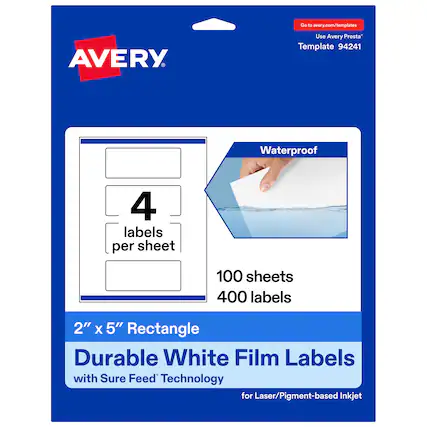 Go to avery.com/templates
Use Avery Presta™ Template 94241
Waterproof
4 labels per sheet
100 sheets
400 labels
2" x 5" Rectangle
Durable White Film Labels with Sure Feed™ Technology for Laser/Pigment-based Inkjet