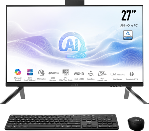 27" All-in-One PC
AI
TÜV Rheinland CERTIFIED
NPU AI Microsoft NPU MSI Engine Copilot Intel AI Boost
DDR5 Memory
IPS Wide View Angle
WQHD 2560 x 1440
100 Hz High Refresh Rate
EyesErgo
tobii AWARE Tobii Aware
Thunderbolt 4
MSI