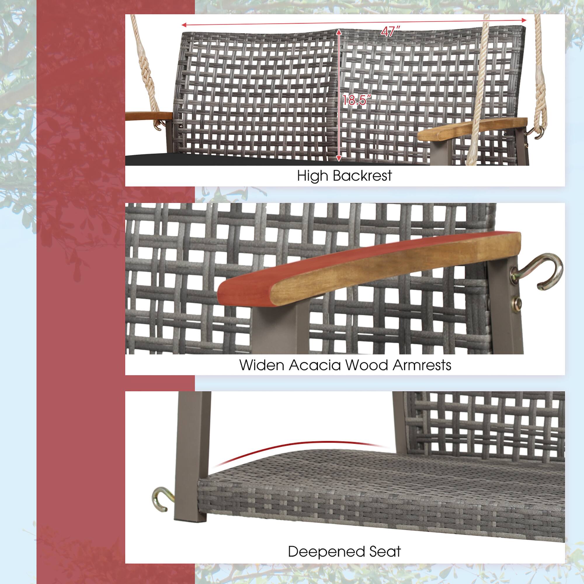 Alt View 4. Gymax - Gymax Rattan Patio Porch Swing 2-Person Cushioned Swing Chair Bench w/ Hanging Ropes Black - Black.