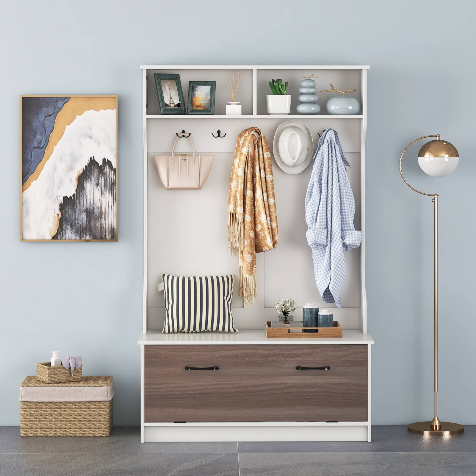 Angle. SlickBlue - 3-in-1 Coat Rack with Entryway Bench, Hooks, and Enclosed Storage Cabinet - White.