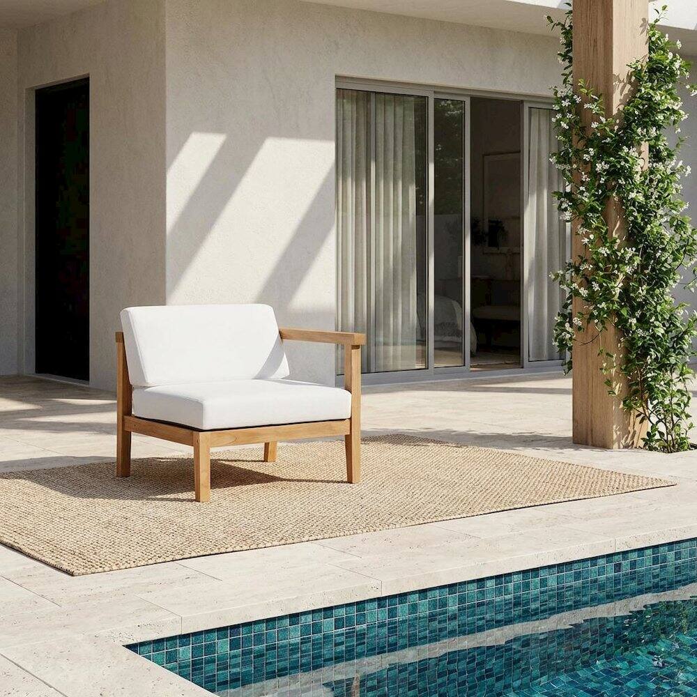 Angle. Outdoor Escape - Outdoor Patio Teak Wood Right-Arm Lounge Chair With Comfortable Armrest - White.