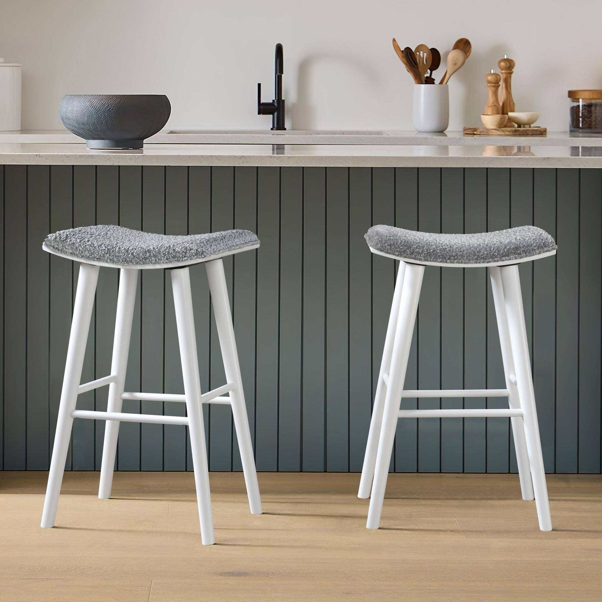 Angle. LuXeo - Luna 29 in. White Backless Wood Saddle Bar Stools with Gray Boucle Fabric Seat (Set of 2) - White/Gray.