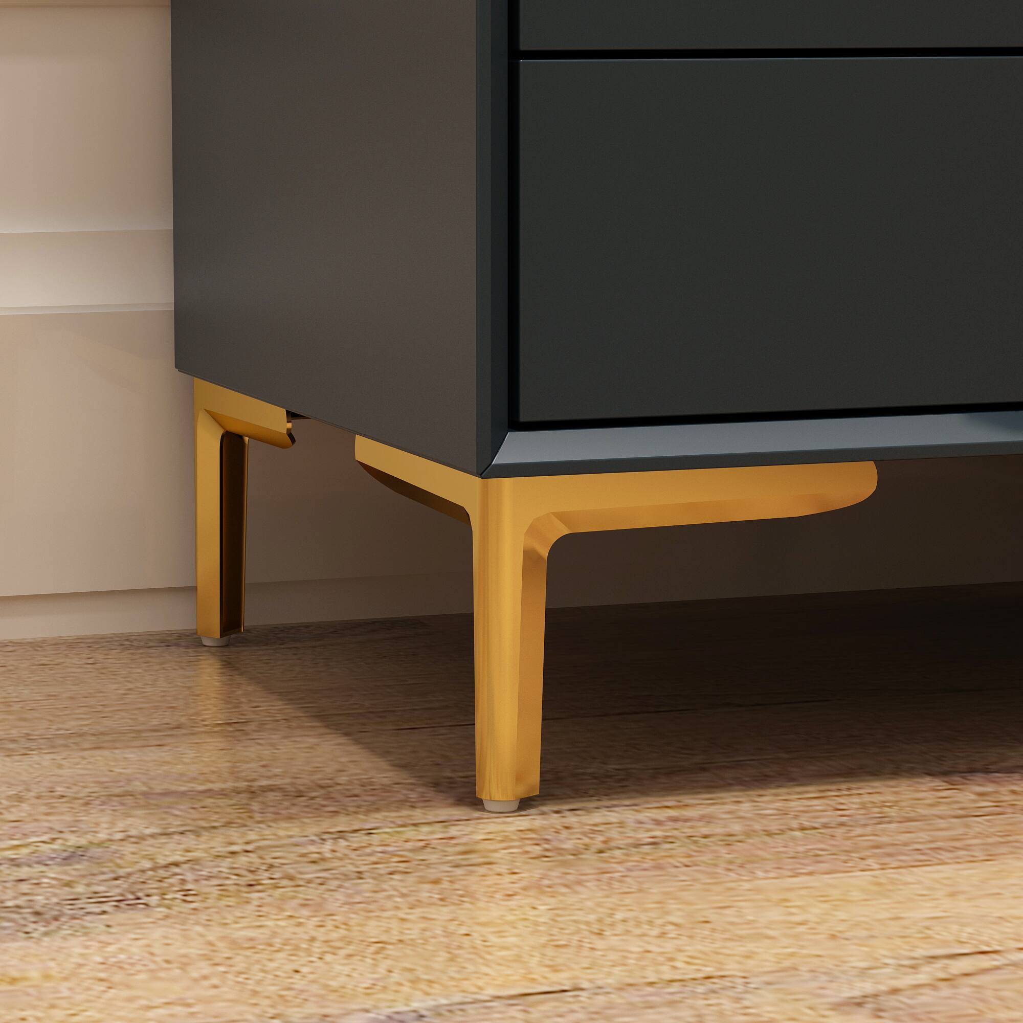 Alt View 6. FUFU & GAGA - FUFU&GAGA Modern Dark Blue Nightstand: Gold Accents, 3 - Drawer Storage - Dark Blue.