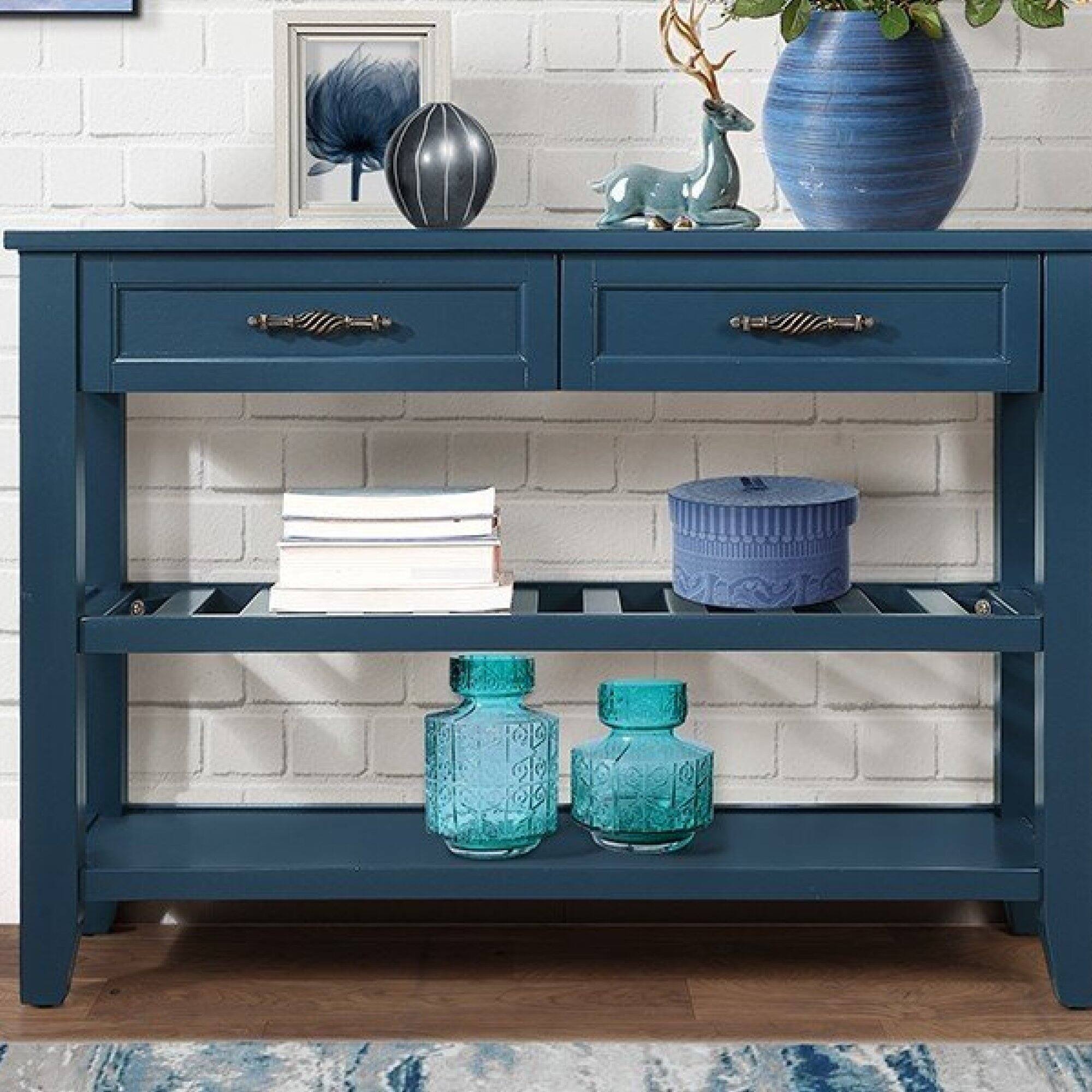 Alt View 4. GOODSILO - Mid-Century Solid Wood Console Table with Storage Drawers and Shelves for Living Room, Dining Room, or Entryway - Navy Blue.