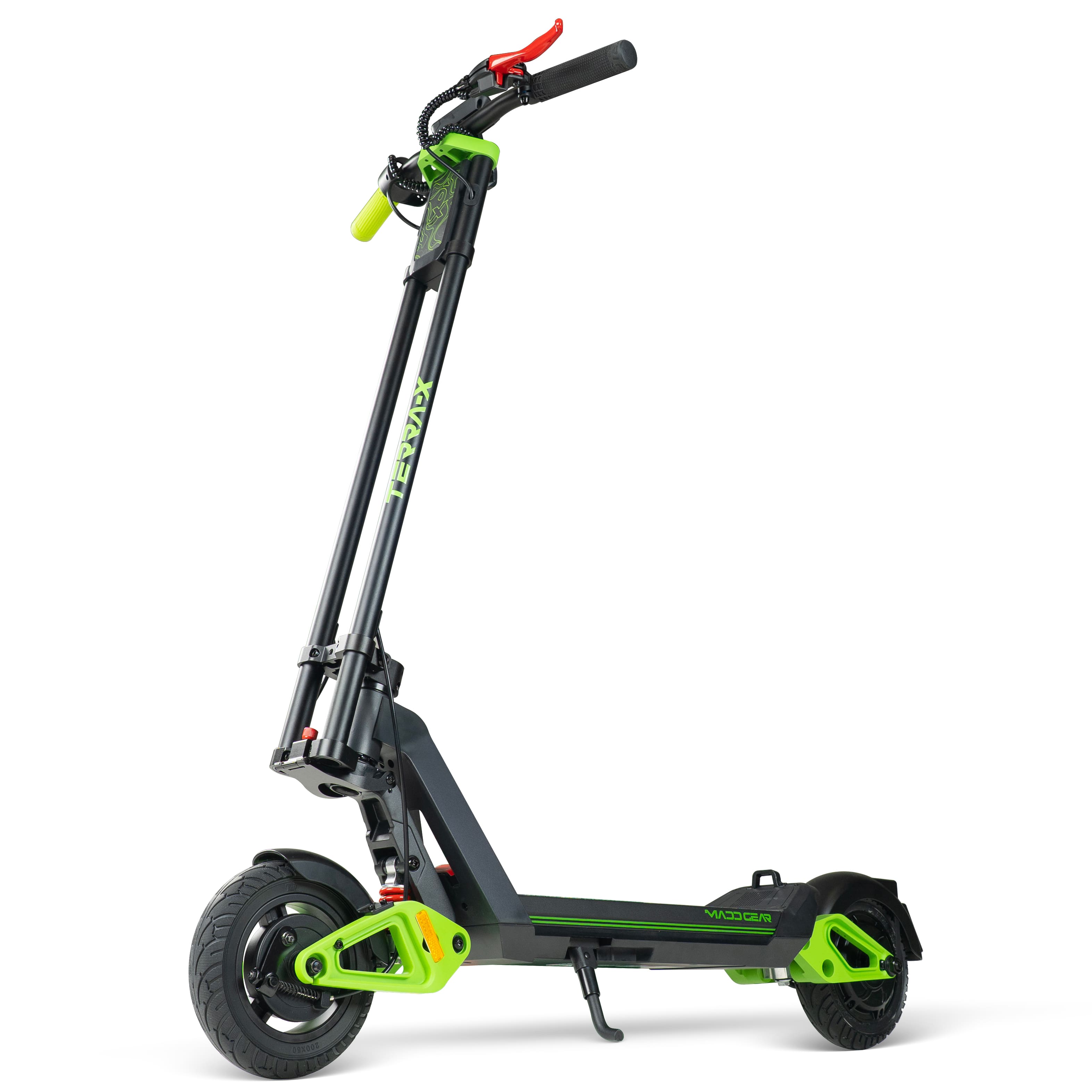Electric Scooter for Teens & Adults – 15.5 MPH Top Speed, 12.4 Mile Range – Madd Gear Terra-X Foldable with Suspension - BLACK/GREEN