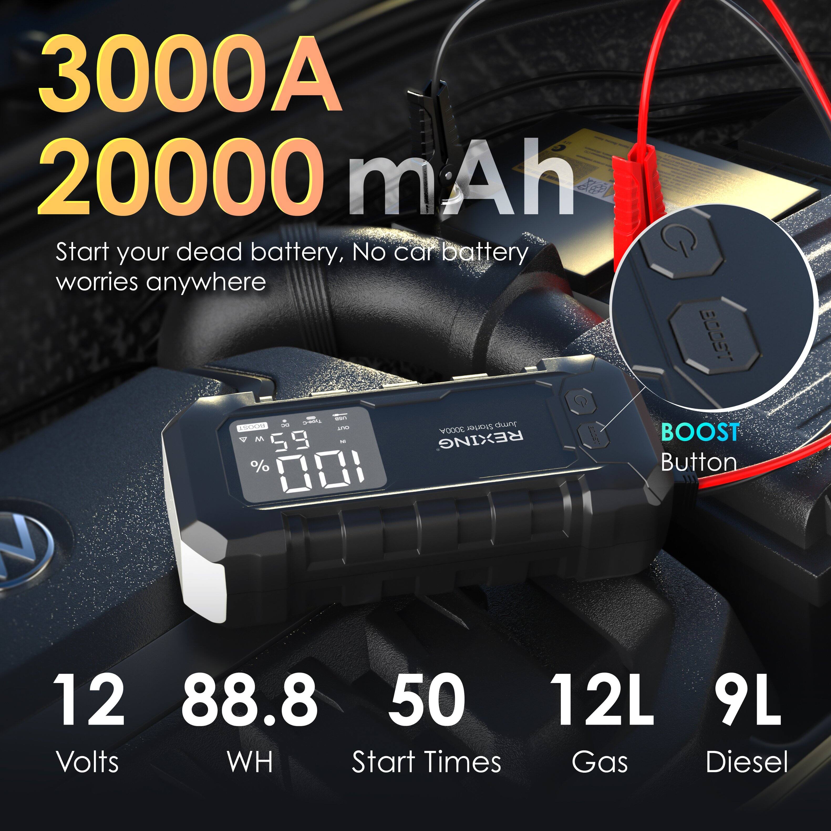 3000A 20000 mAh  
Start your dead battery, No car battery worries anywhere  

BOOST Button  

12 Volts  
88.8 WH  
50 Start Times  
12L Gas  
9L Diesel