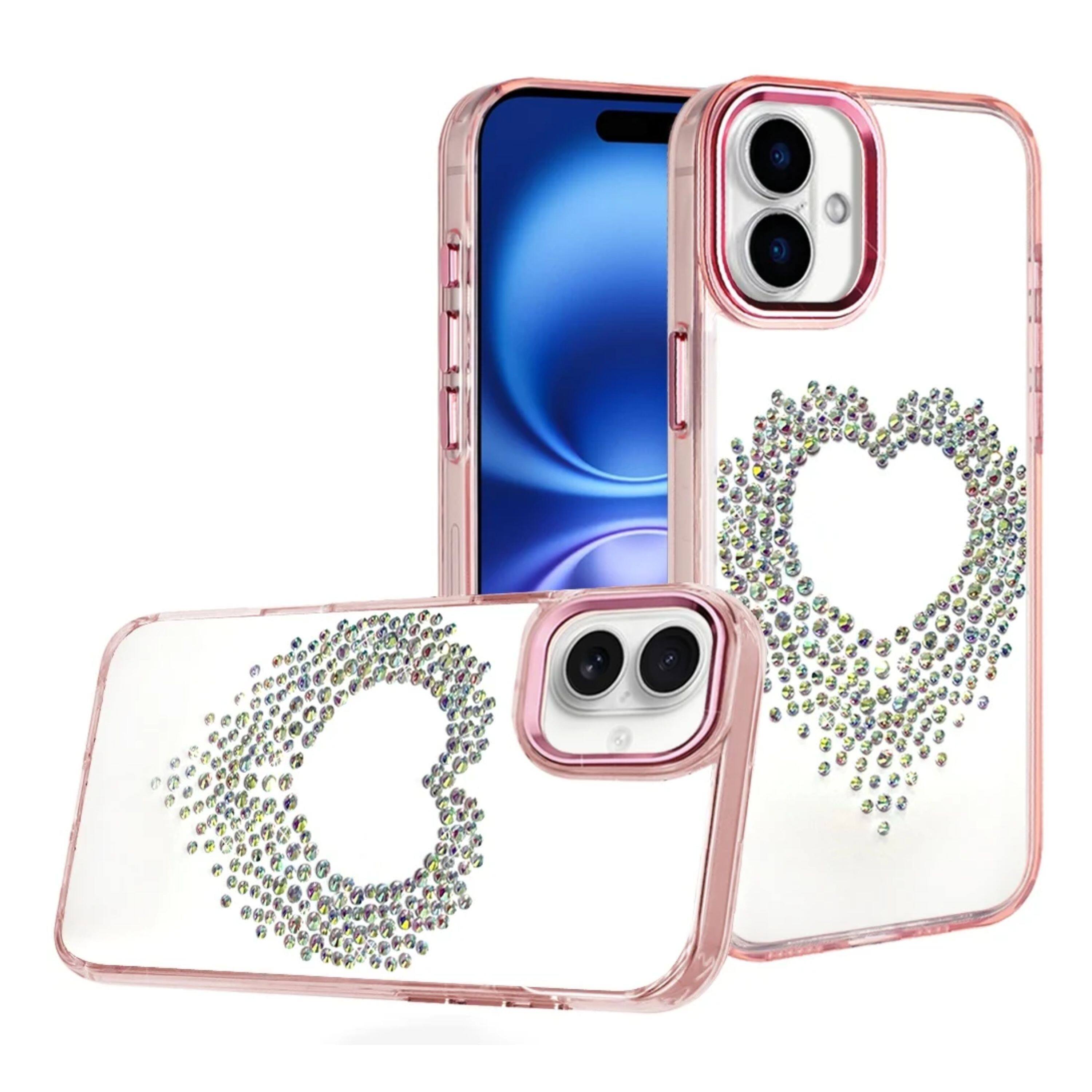 Angle. Kitcheniva - Heart Shaped Rhinestones Chrome Edges Phone Case With Tempered Glass For iPhone 17 Rose Gold - Rose Gold.