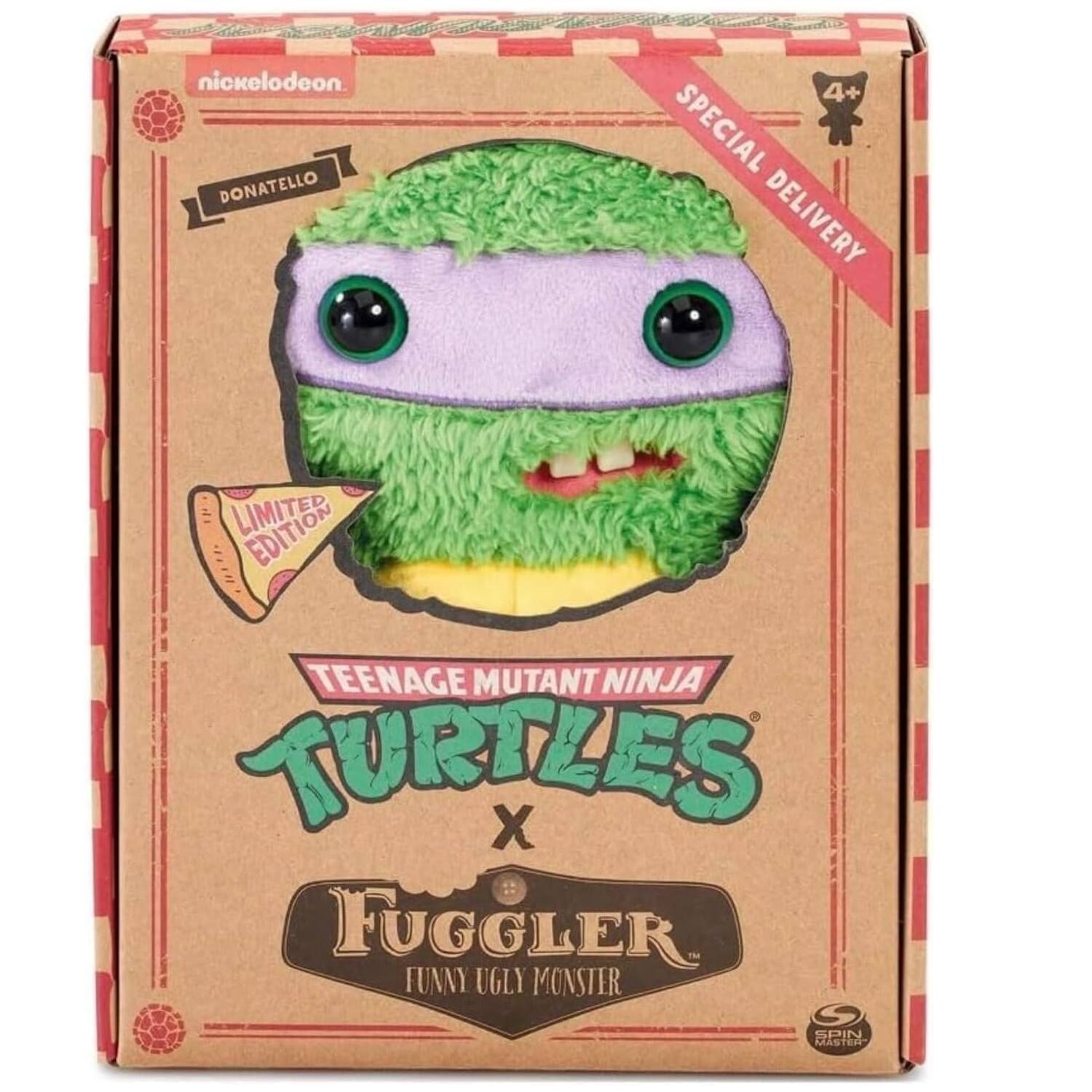 Sure, here is the corrected and grouped text from the image:

---

**Nickelodeon**

**DONATELLO**

**SPECIAL DELIVERY**

**LIMITED EDITION**

**TEENAGE MUTANT NINJA TURTLES**

**x**

**FUGGLER**

**FUNNY UGLY MONSTER**

**SPIN MASTER**

**4+**

---