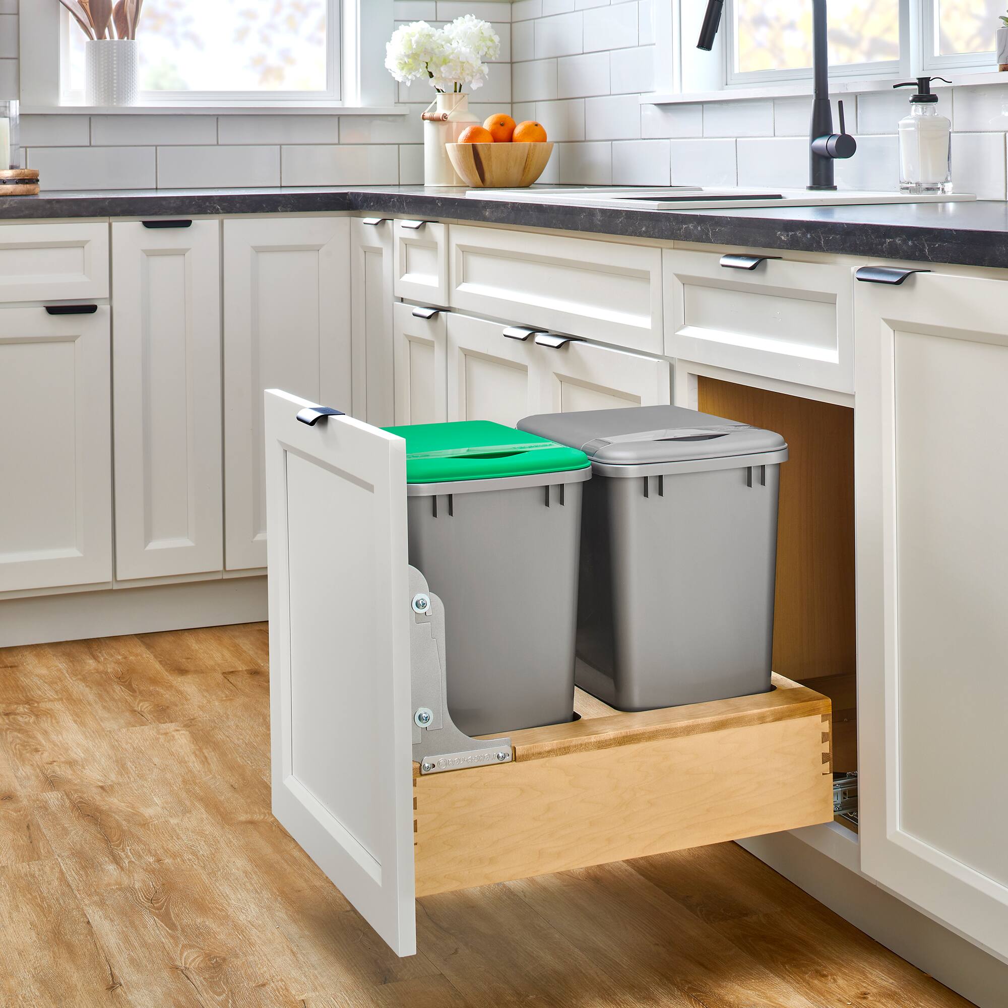 Alt View 7. Rev-A-Shelf - Rev-A-Shelf Wood Double Pullout Waste Container, Soft-Close, 35 qt, Silver - Light Brown.