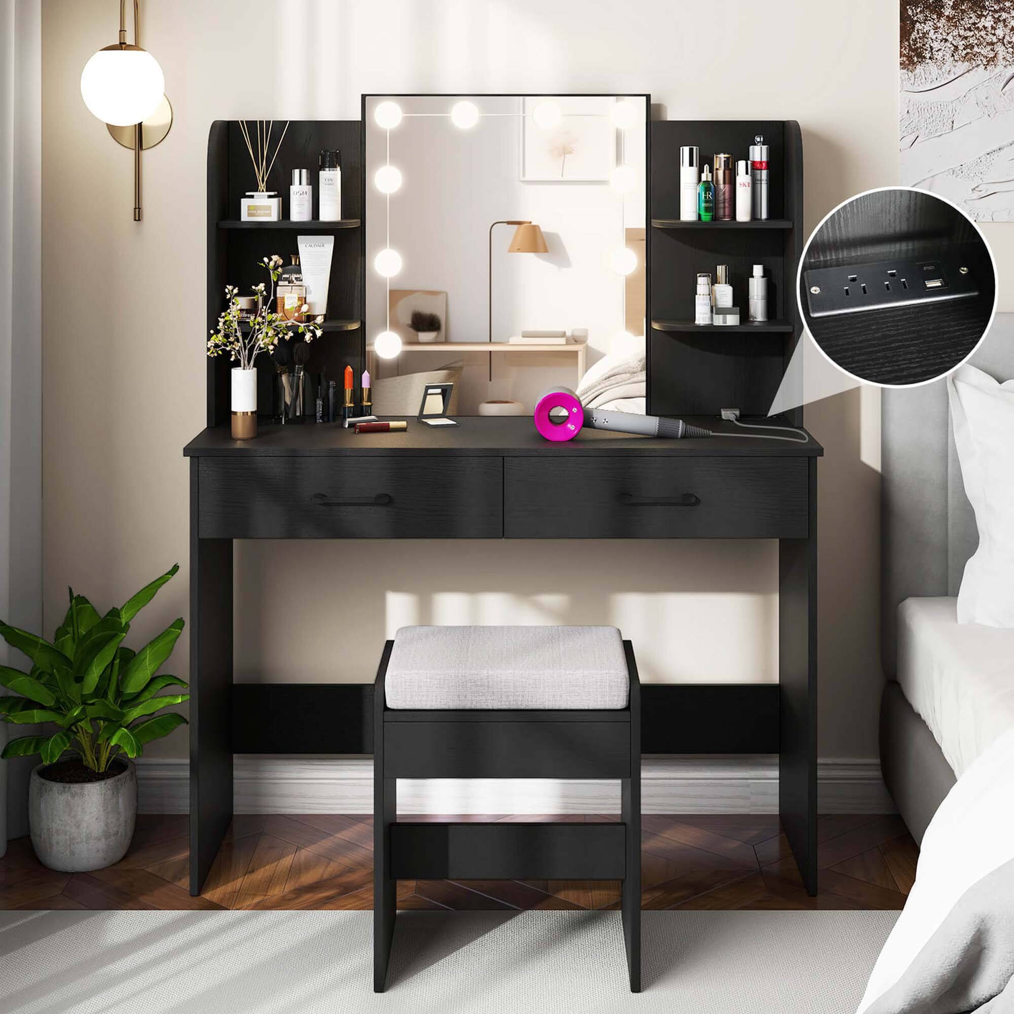 Alt View 4. Costway - Costway Makeup Vanity Desk with Lighted Mirror Charging Station 3-Color Dimmable LED Lights Black - Black.