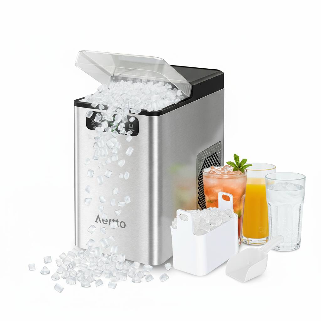 Aeitto - Nugget Ice Maker Countertop, Pellet Ice Machine Soft Chewable Ice 40lbs/Day - Silver