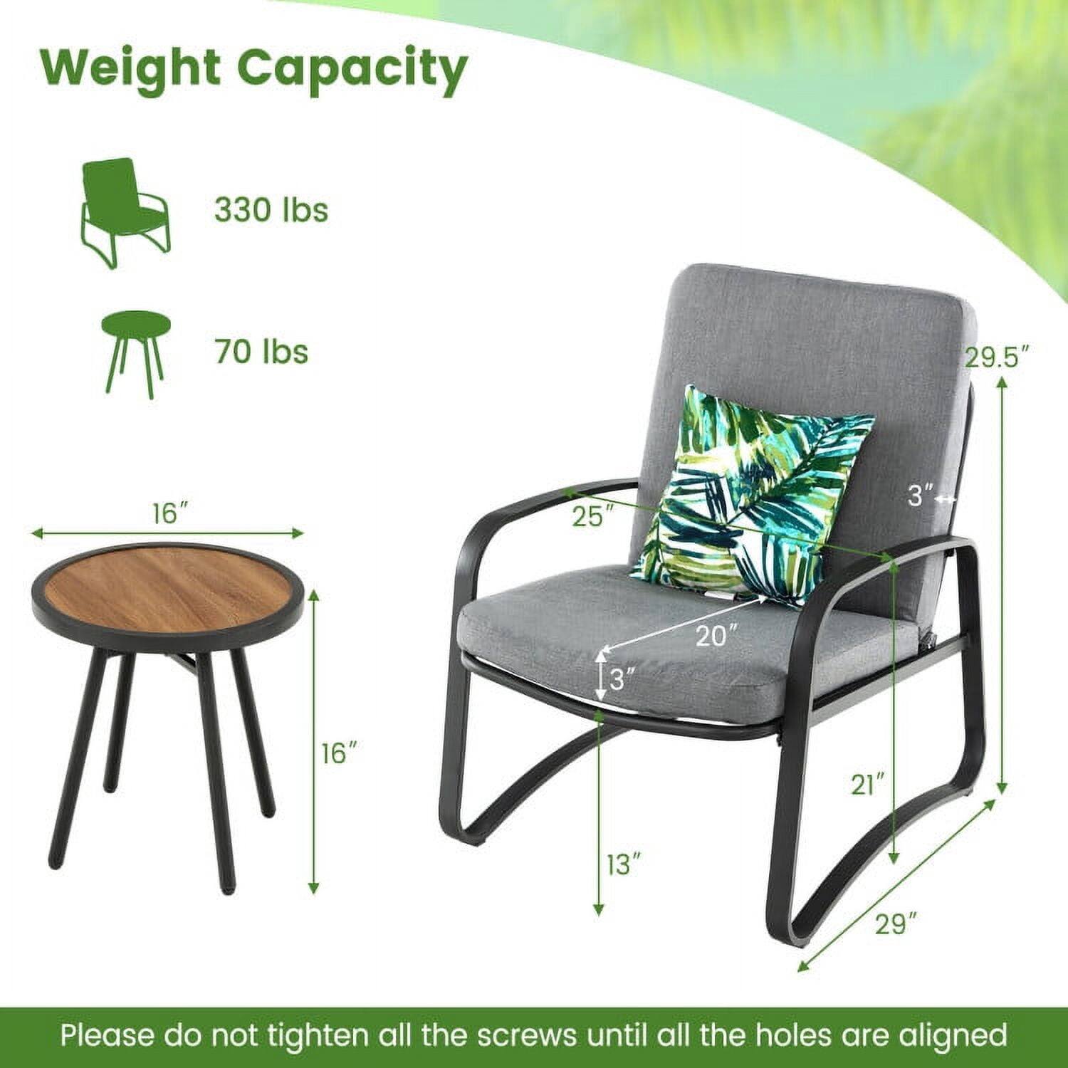 Weight Capacity  
330 lbs  
70 lbs  

Dimensions:  
- Table: 16" diameter, 25" height  
- Chair: 29.5" height, 20" width, 21" depth, 13" seat height, 3" armrest height  

Please do not tighten all the screws until all the holes are aligned