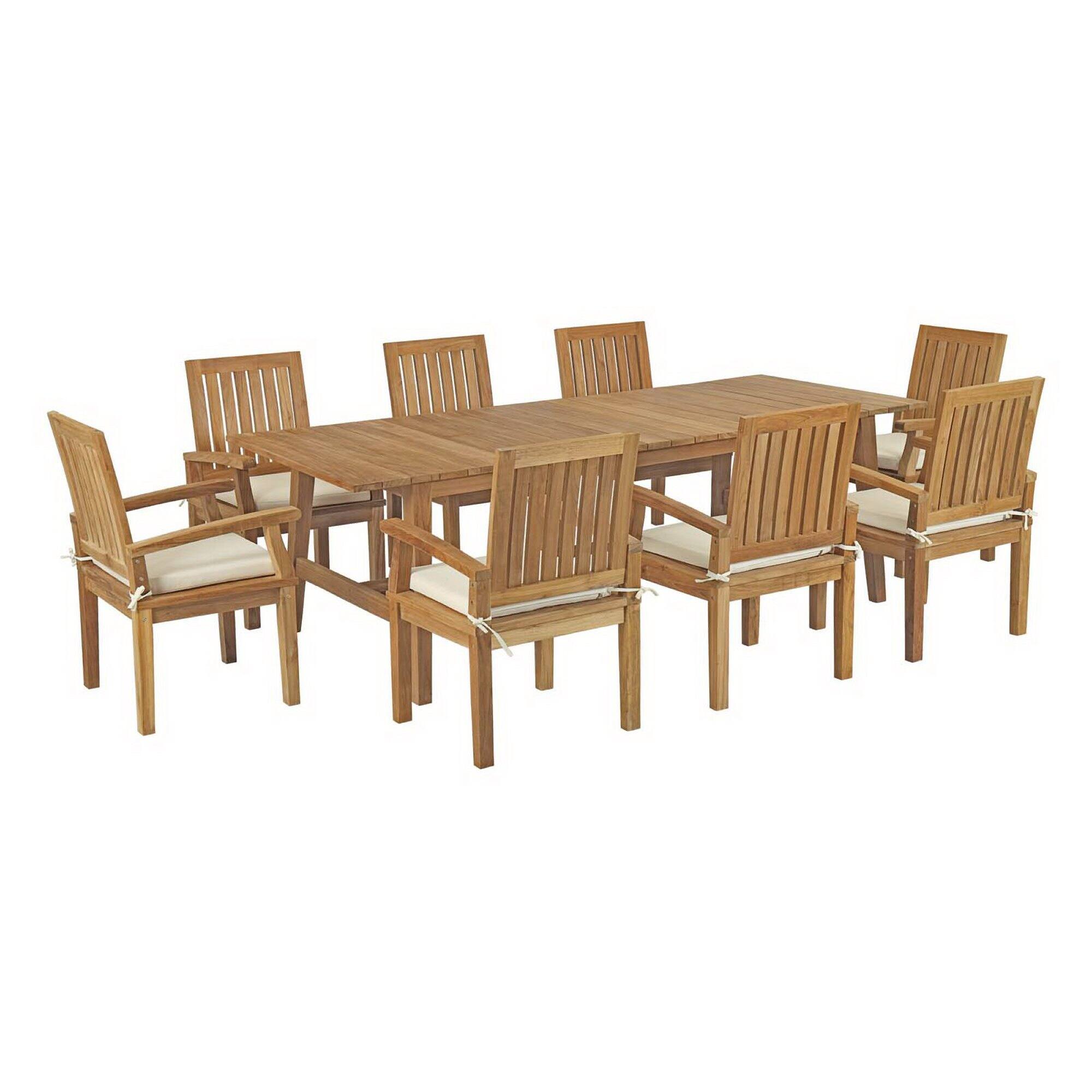 Front. Modway - Marina 9-Piece Outdoor Teak Patio Dining Set with Cushioned Seats - Natural White.