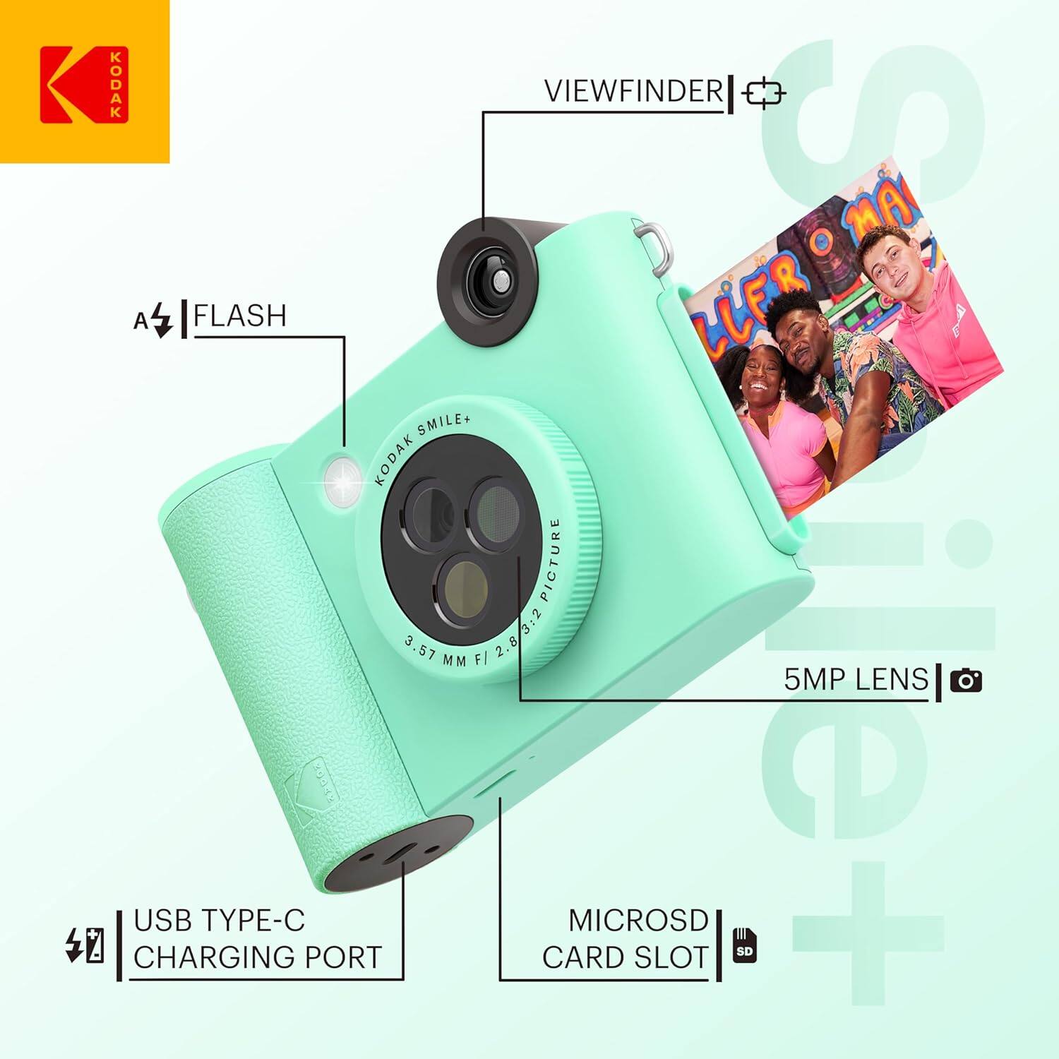 KODAK VIEWFINDER I S MA A FLASH LLFR SMILE+  
KODAK PICTURE 3.57 3 MM FI 2.8/312 5MP LENS USB TYPE-C 3dd's MICROSD e- e + 4 CHARGING PORT CARD SLOT SD